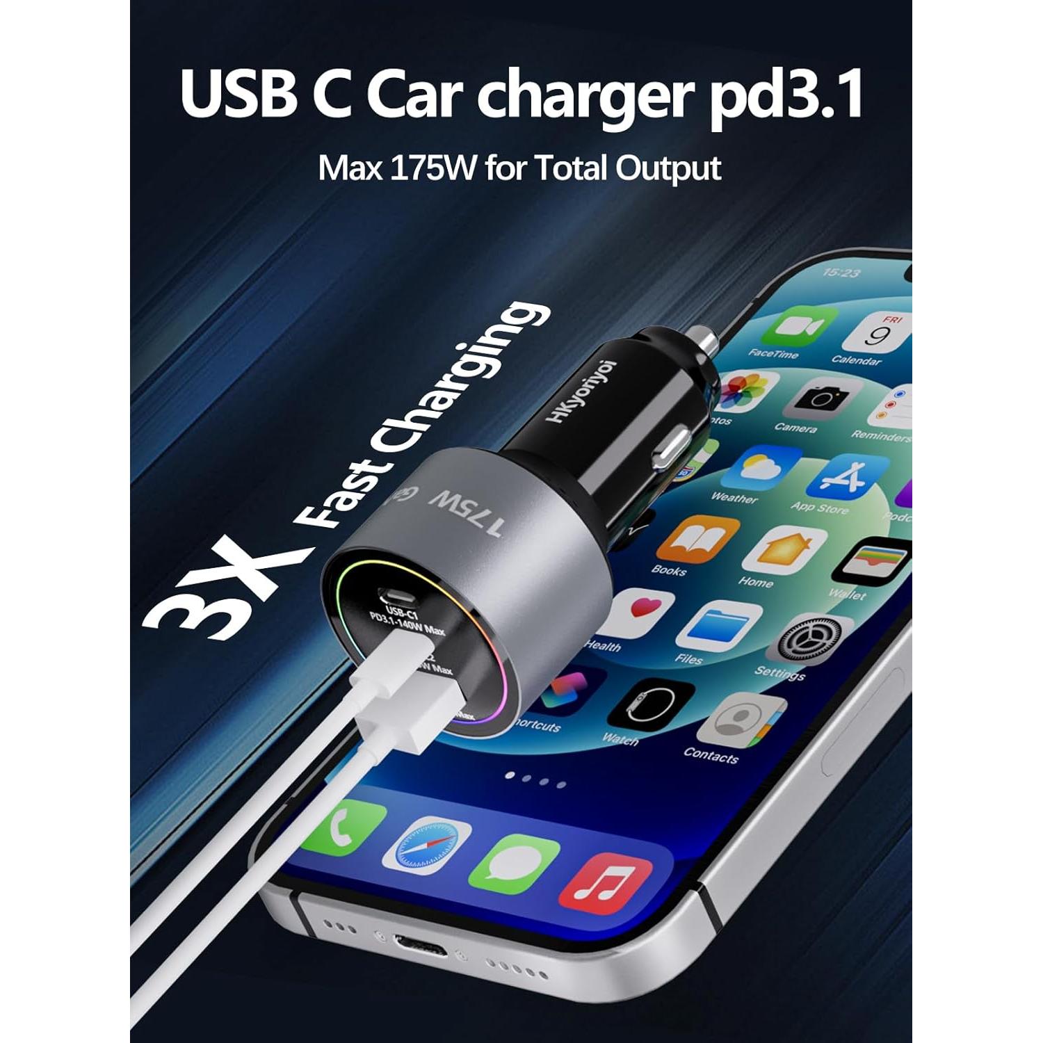 Cargador de Coche USB-C 175W HKyoriyoi Carga Rápida 3 Puertos