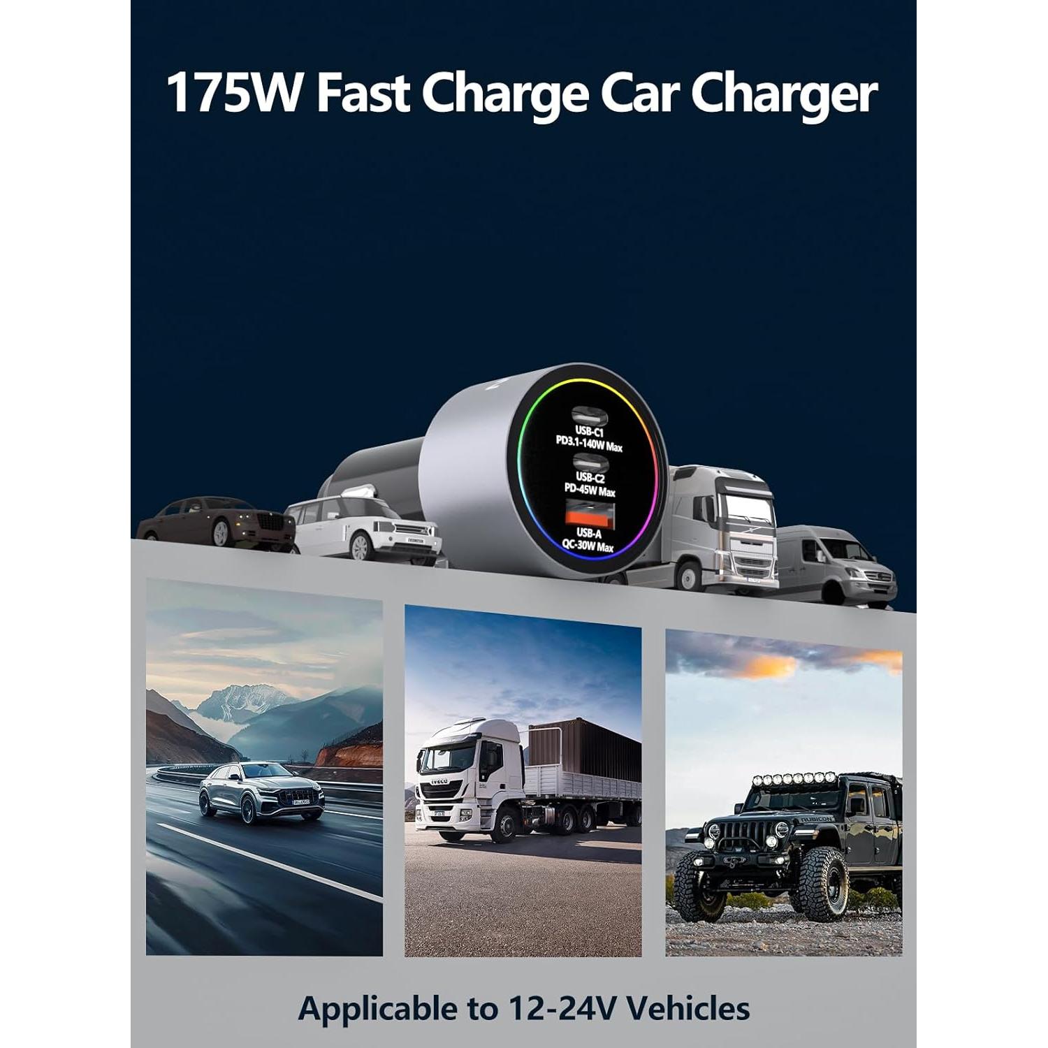 Cargador de Coche USB-C 175W HKyoriyoi Carga Rápida 3 Puertos