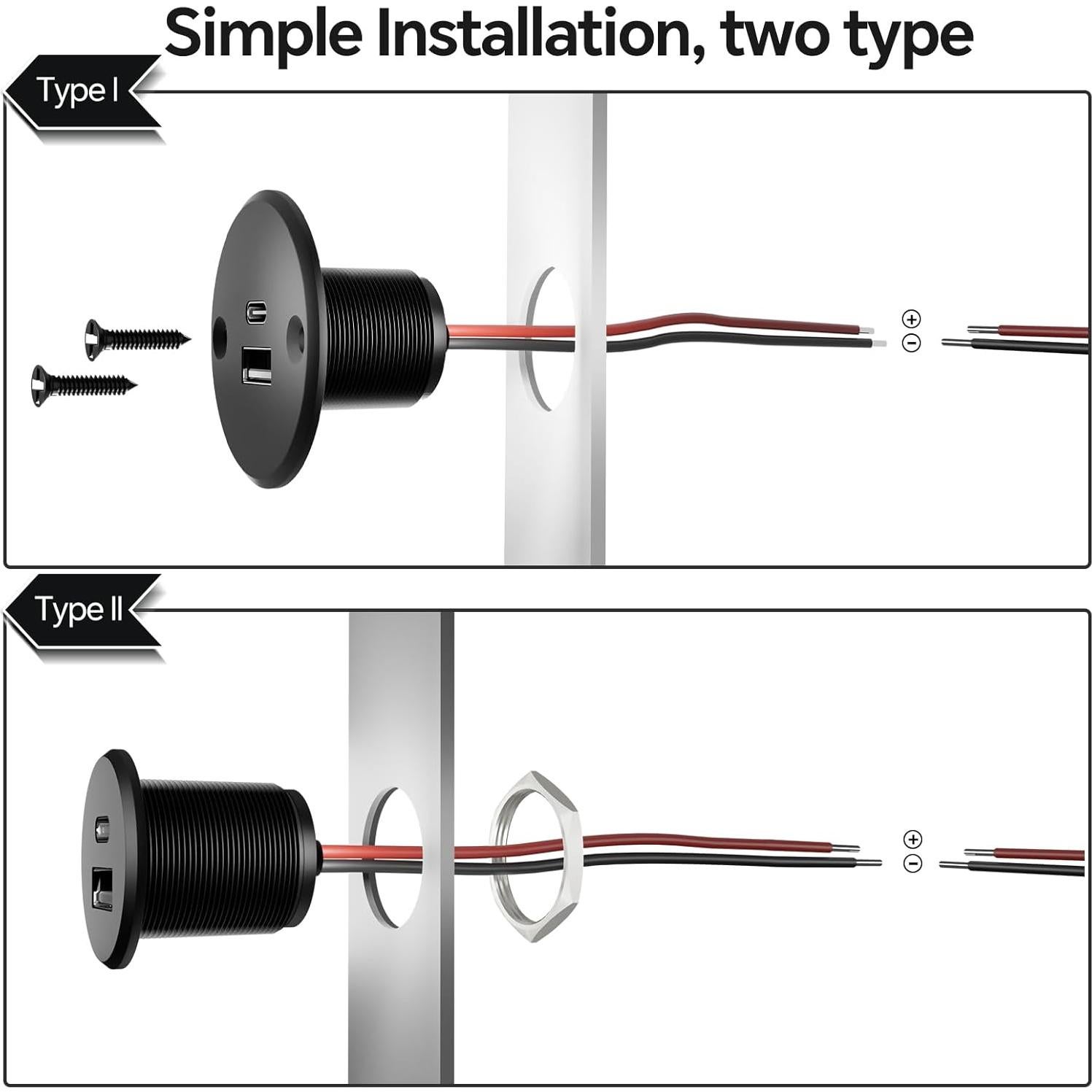 Cargador USB Acegoo RV 12V/24V Tipo A y C 24W Rápido (2Pcs)