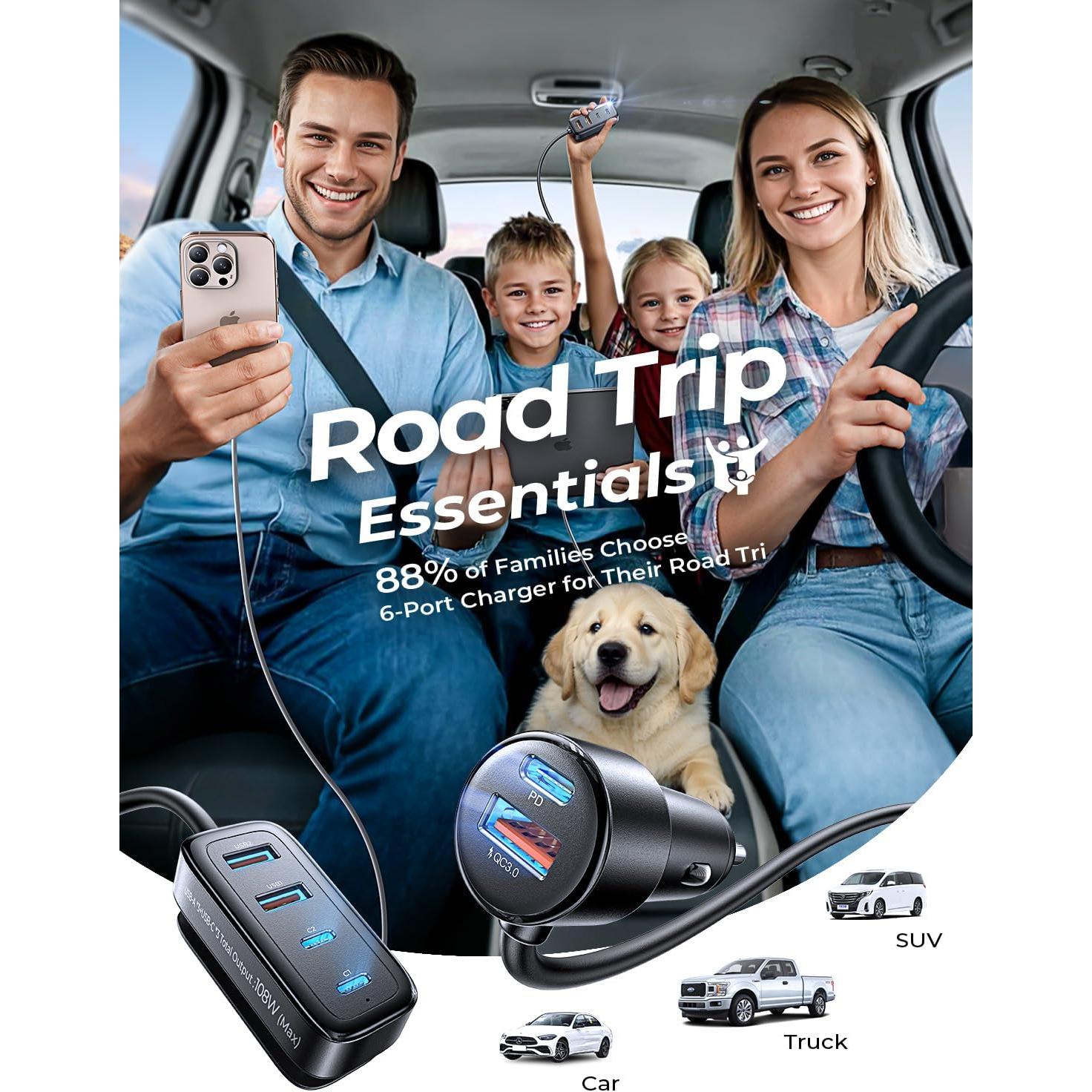 Cargador de coche AINOPE 108W USB C 6 puertos carga rápida