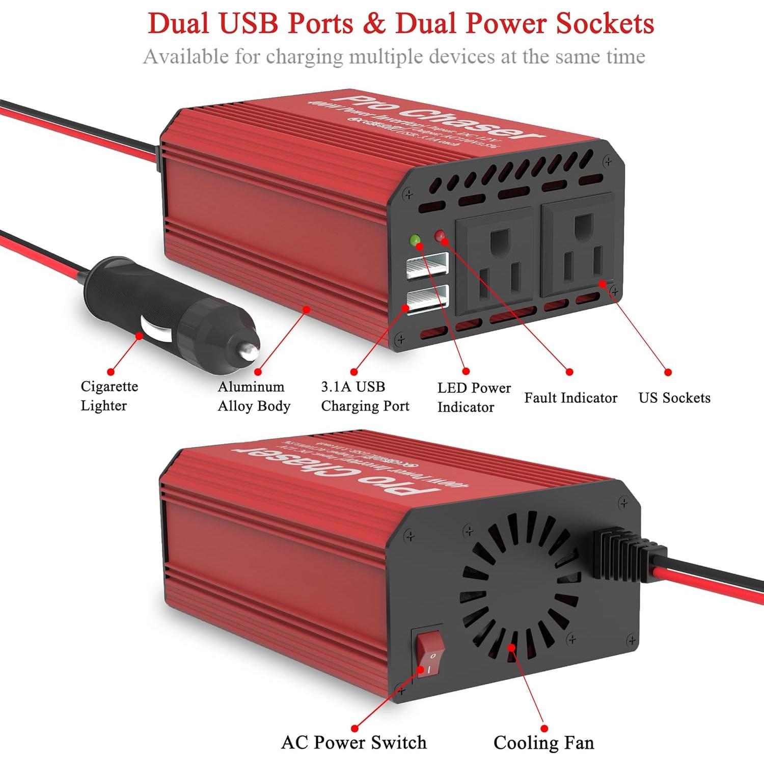 Inversor de Potencia Pro Chaser 400W DC a AC 12V con USB