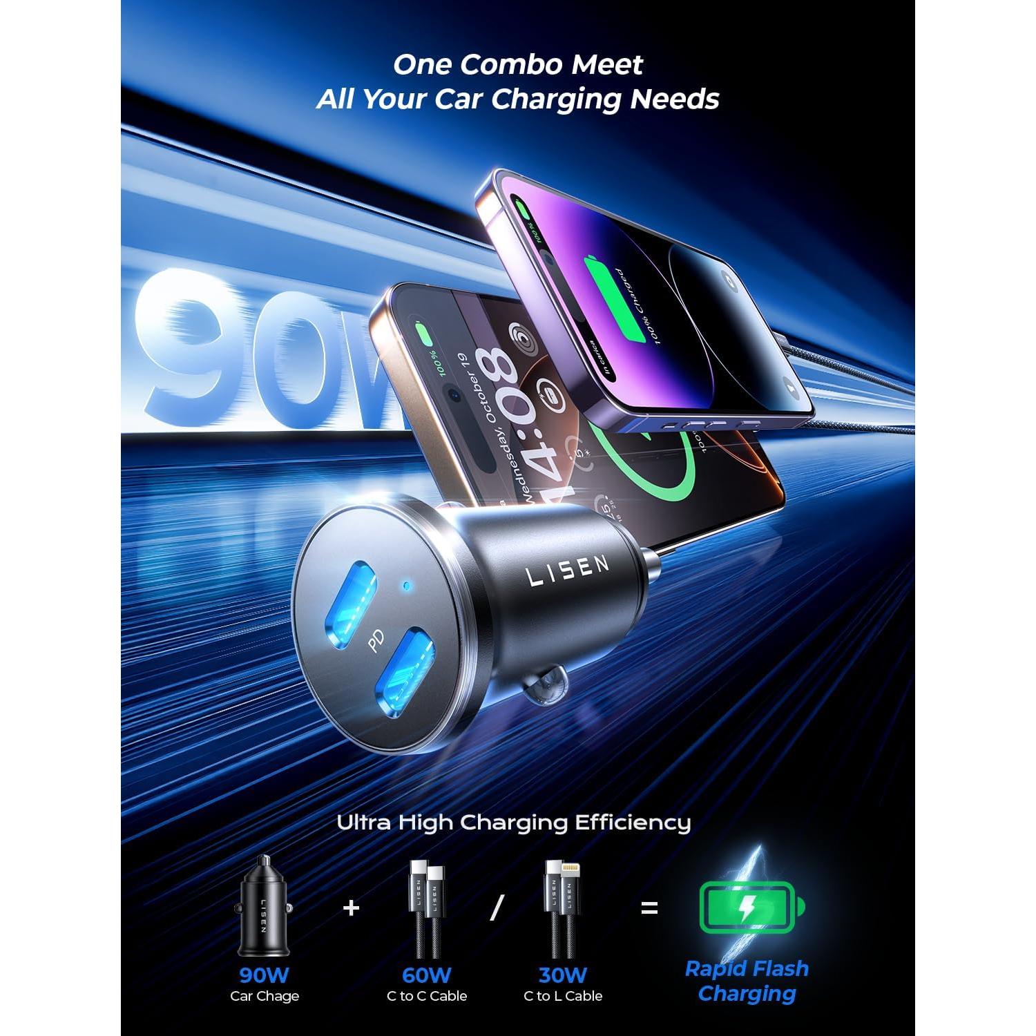 Cargador de Coche USB C LISEN 90W Doble Puerto Rápido