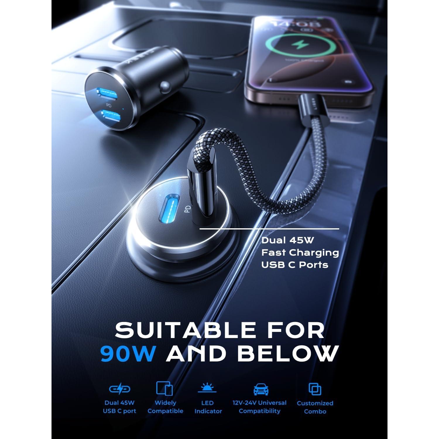 Cargador de Coche USB C LISEN 90W Doble Puerto Rápido