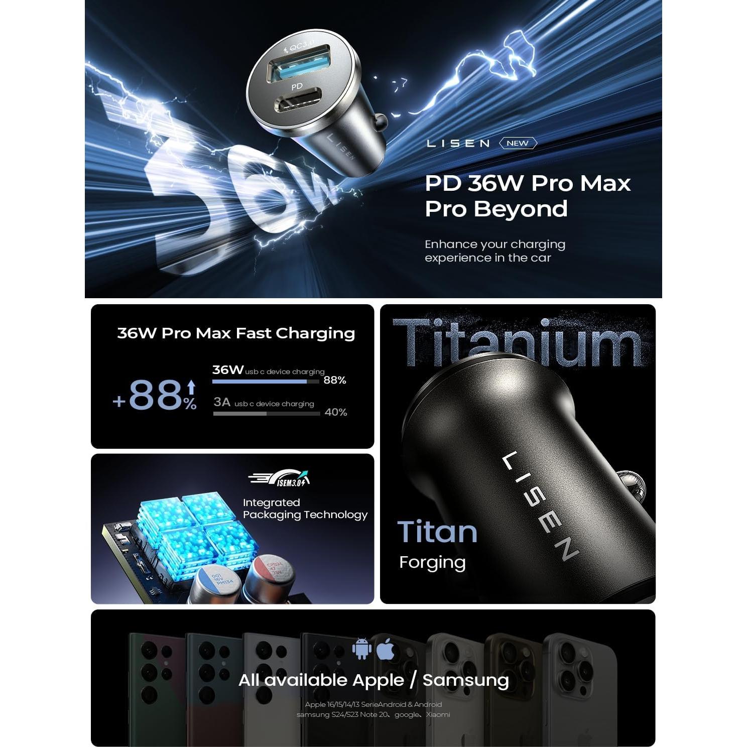 Cargador de Coche LISEN 54W USB C Doble Puerto Rápido