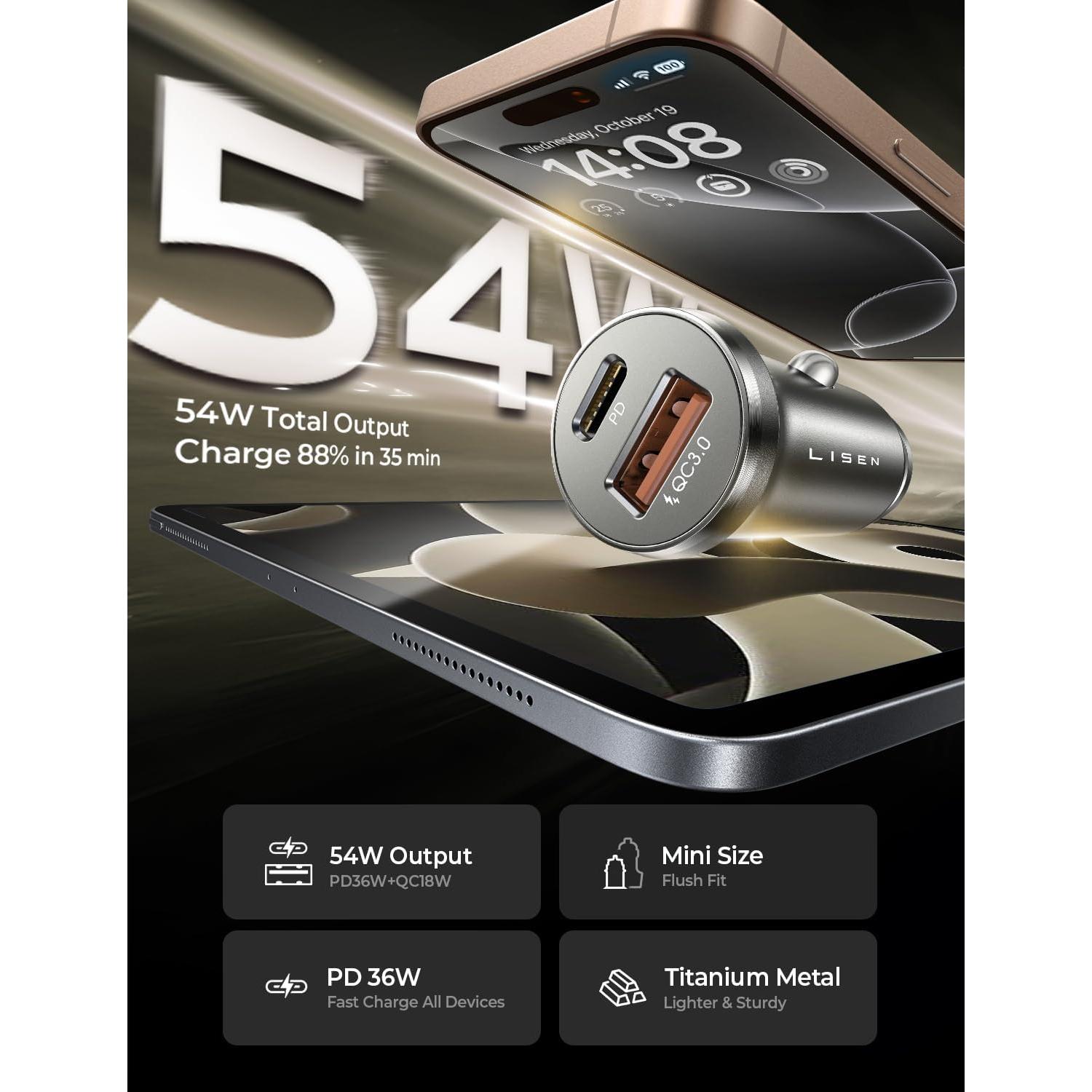 Cargador de Coche LISEN 54W USB C Doble Puerto Rápido