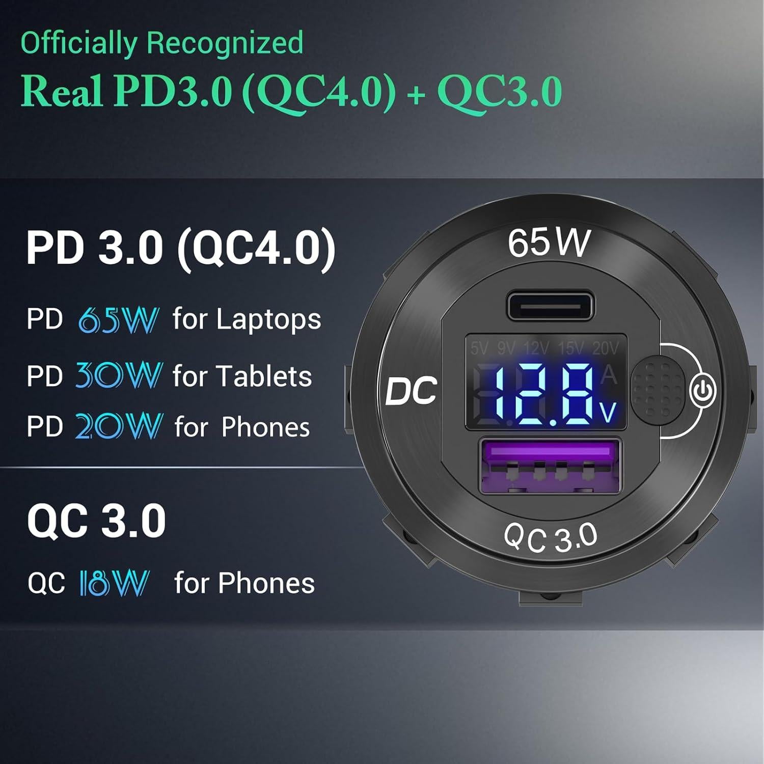 Cargador USB de Coche Ouffun 12V 65W PD3.0 y 18W QC3.0