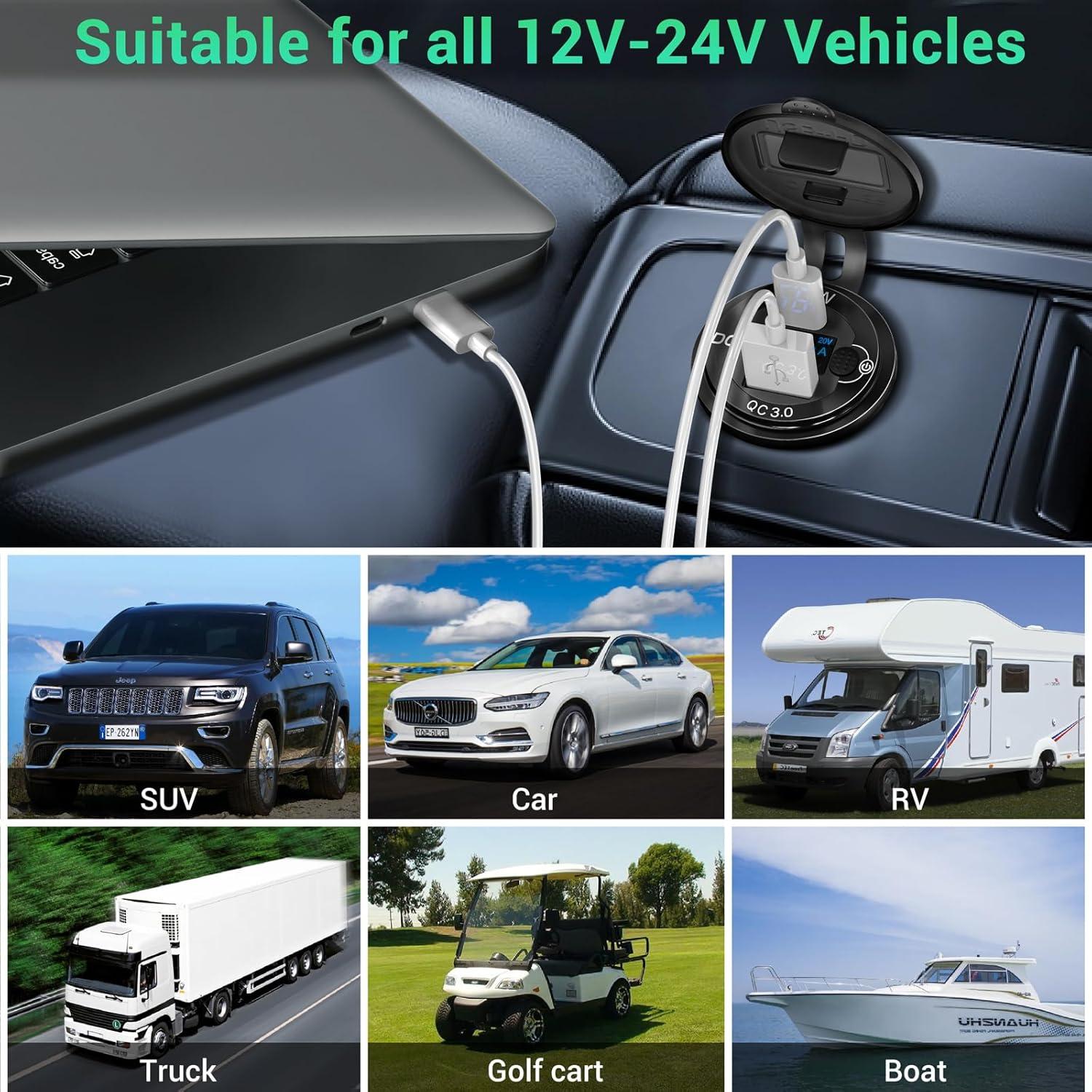 Cargador USB de Coche Ouffun 12V 65W PD3.0 y 18W QC3.0