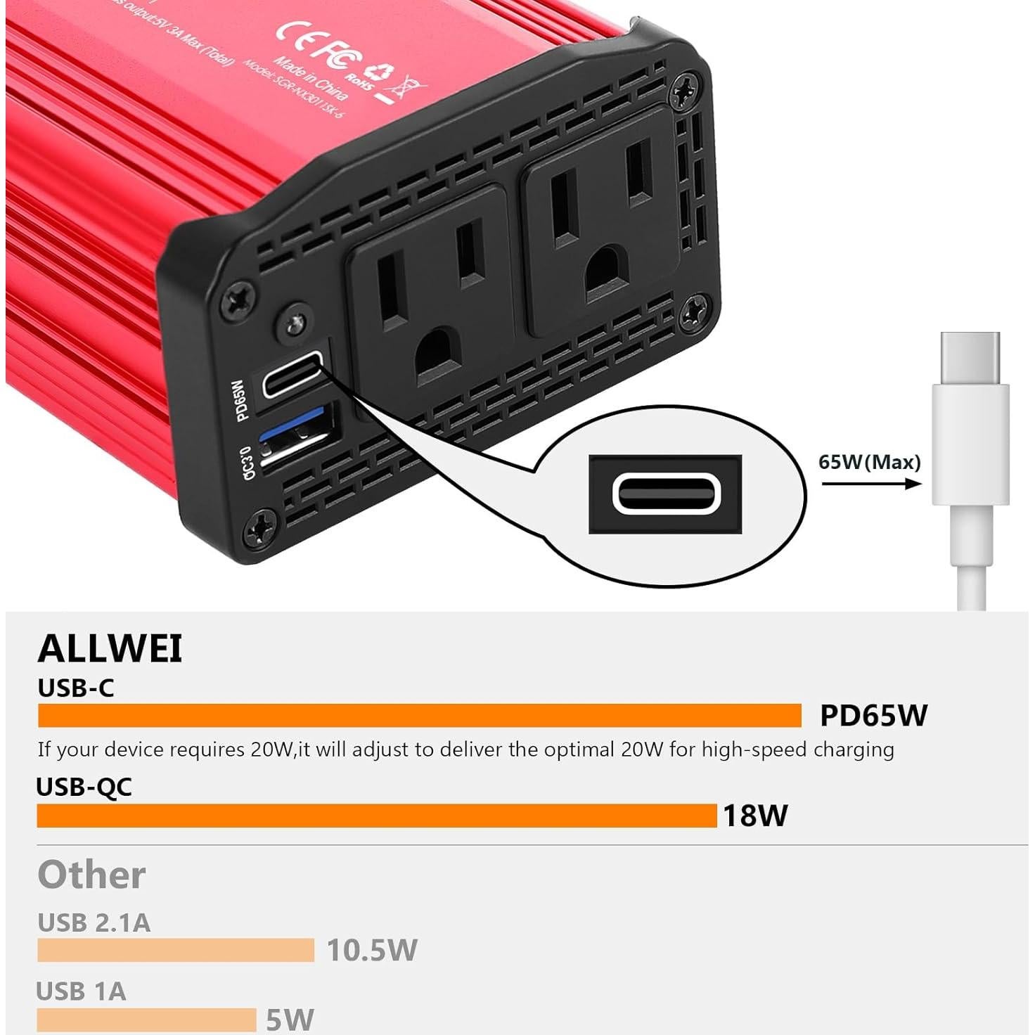 Inversor de Potencia ALLWEI 300W para Automóvil USB-C 65W
