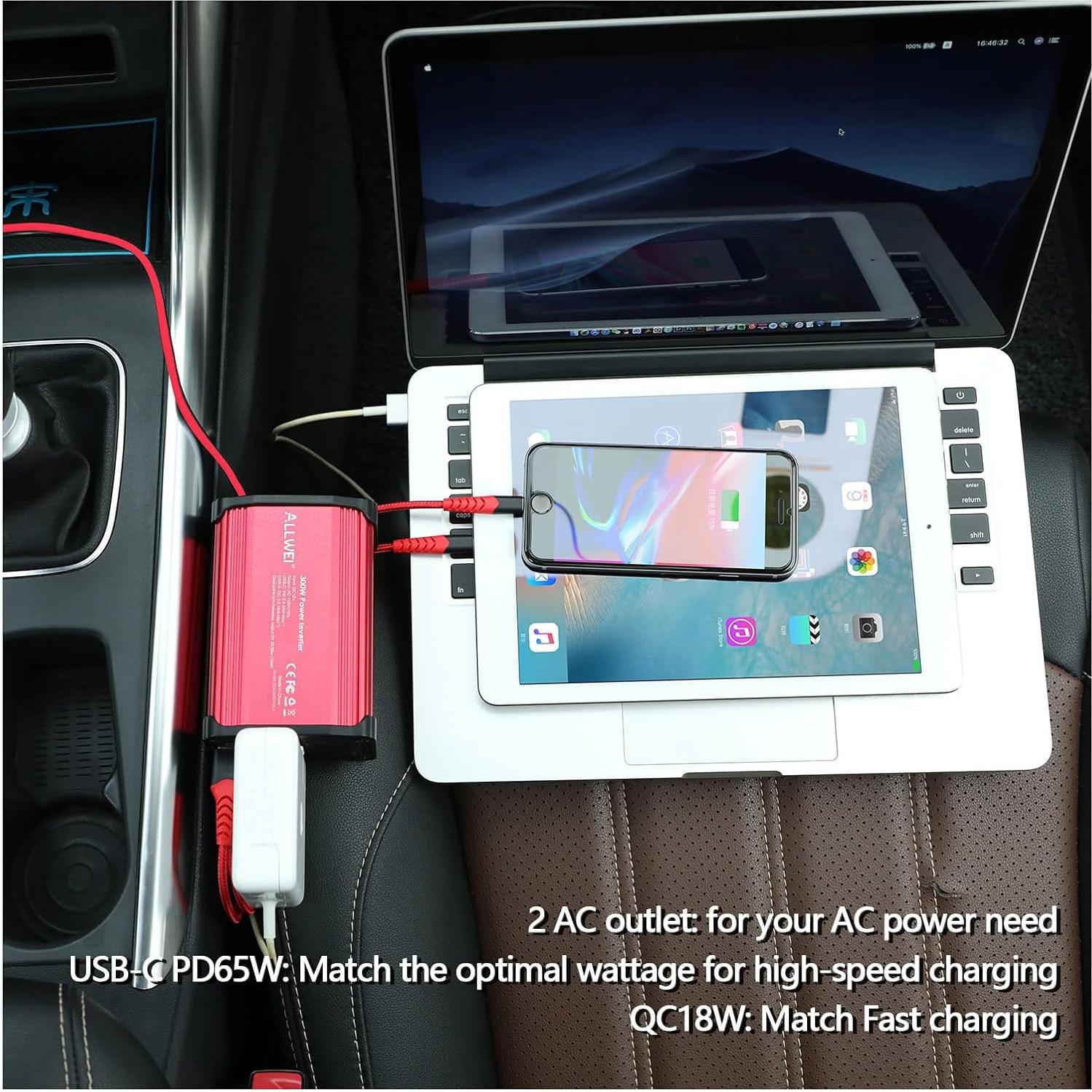 Inversor de Potencia ALLWEI 300W para Automóvil USB-C 65W