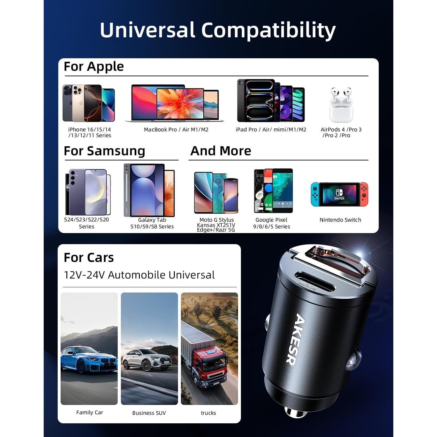 Cargador de Coche USB C 65W AKESR Carga Rápida 12V-24V