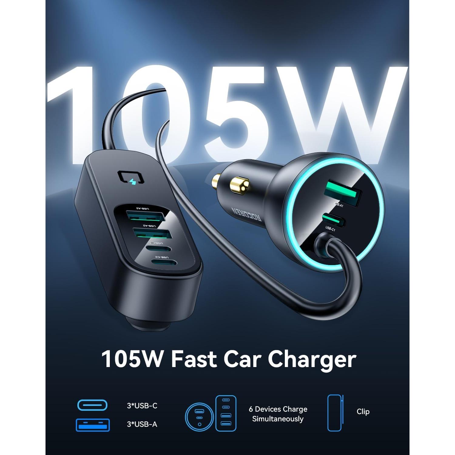 Cargador de Coche Rocoren 105W USB C 6 Puertos Rápido