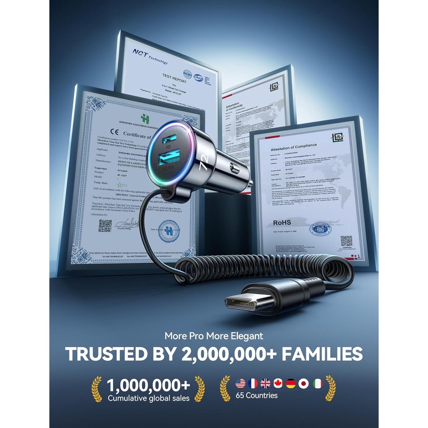 Cargador de coche FLYLEAD 72W USB C con cable 1.52m para iPhone