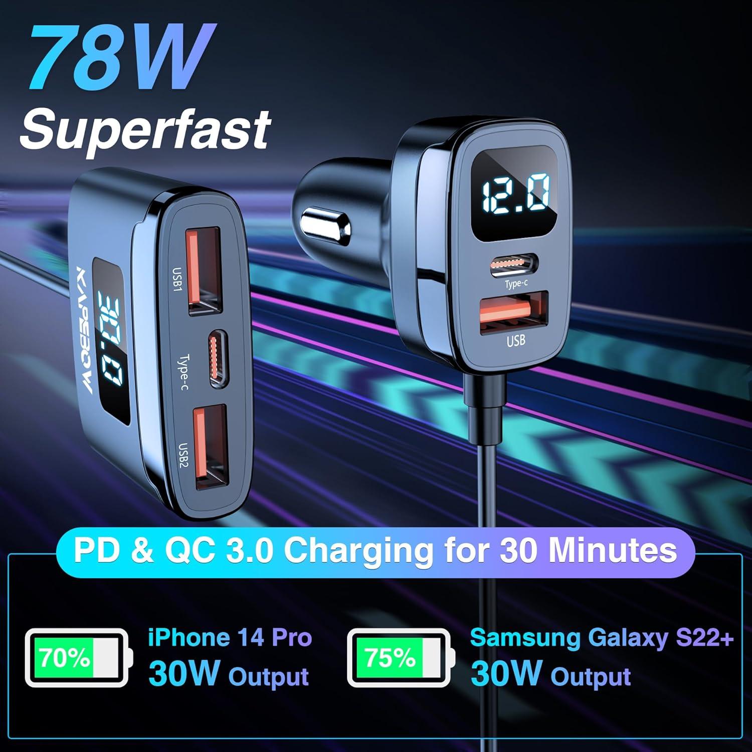 Cargador de Coche USB C Rápido 78W Kapebow 5 Puertos