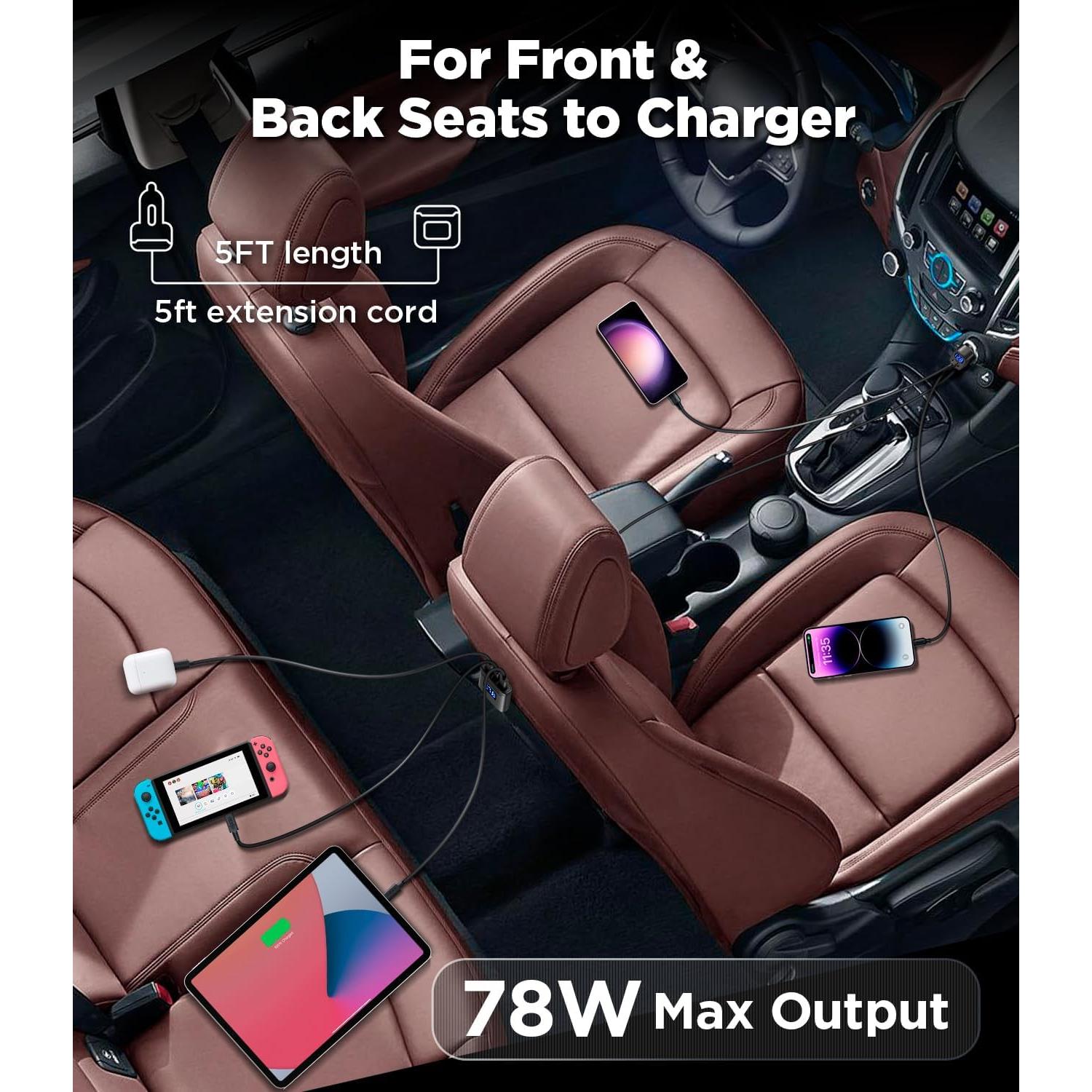 Cargador de Coche USB C Rápido 78W Kapebow 5 Puertos
