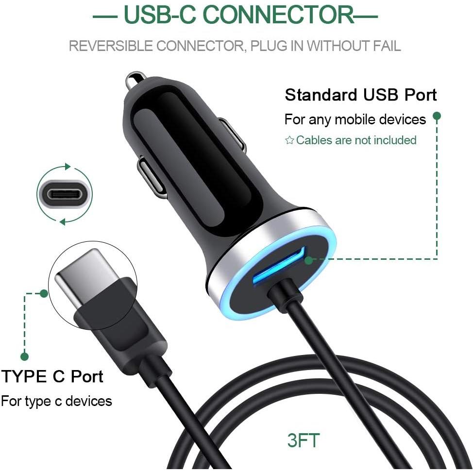 Cargador de coche USB C Sidpro 3.4A con cable de 1m
