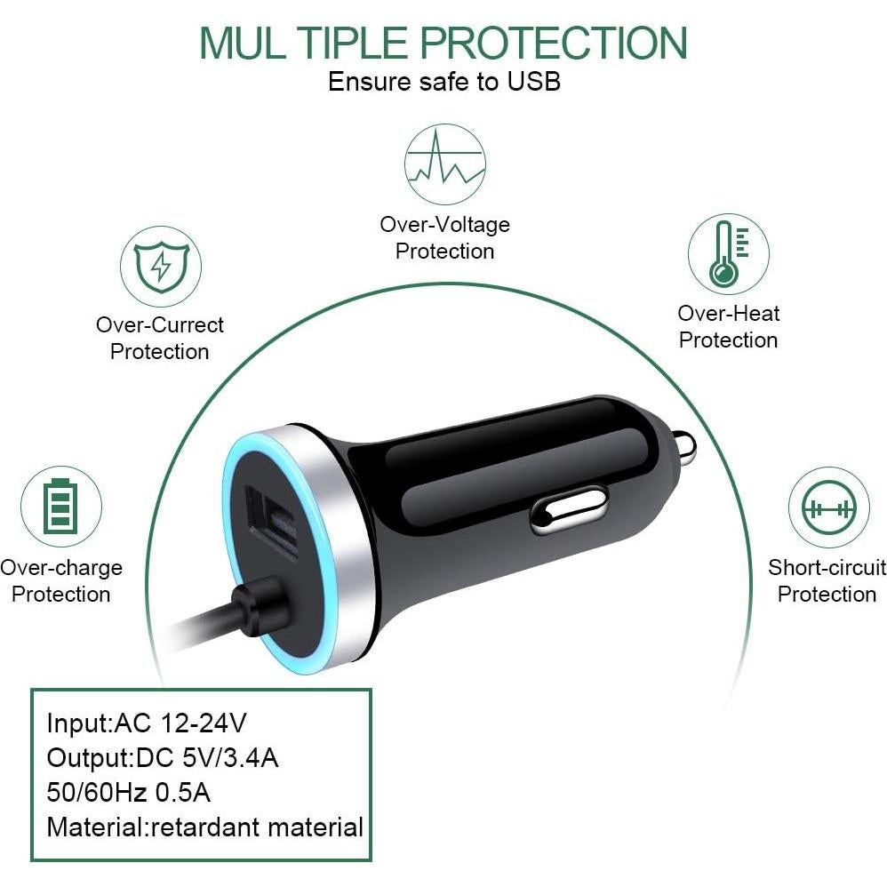 Cargador de coche USB C Sidpro 3.4A con cable de 1m