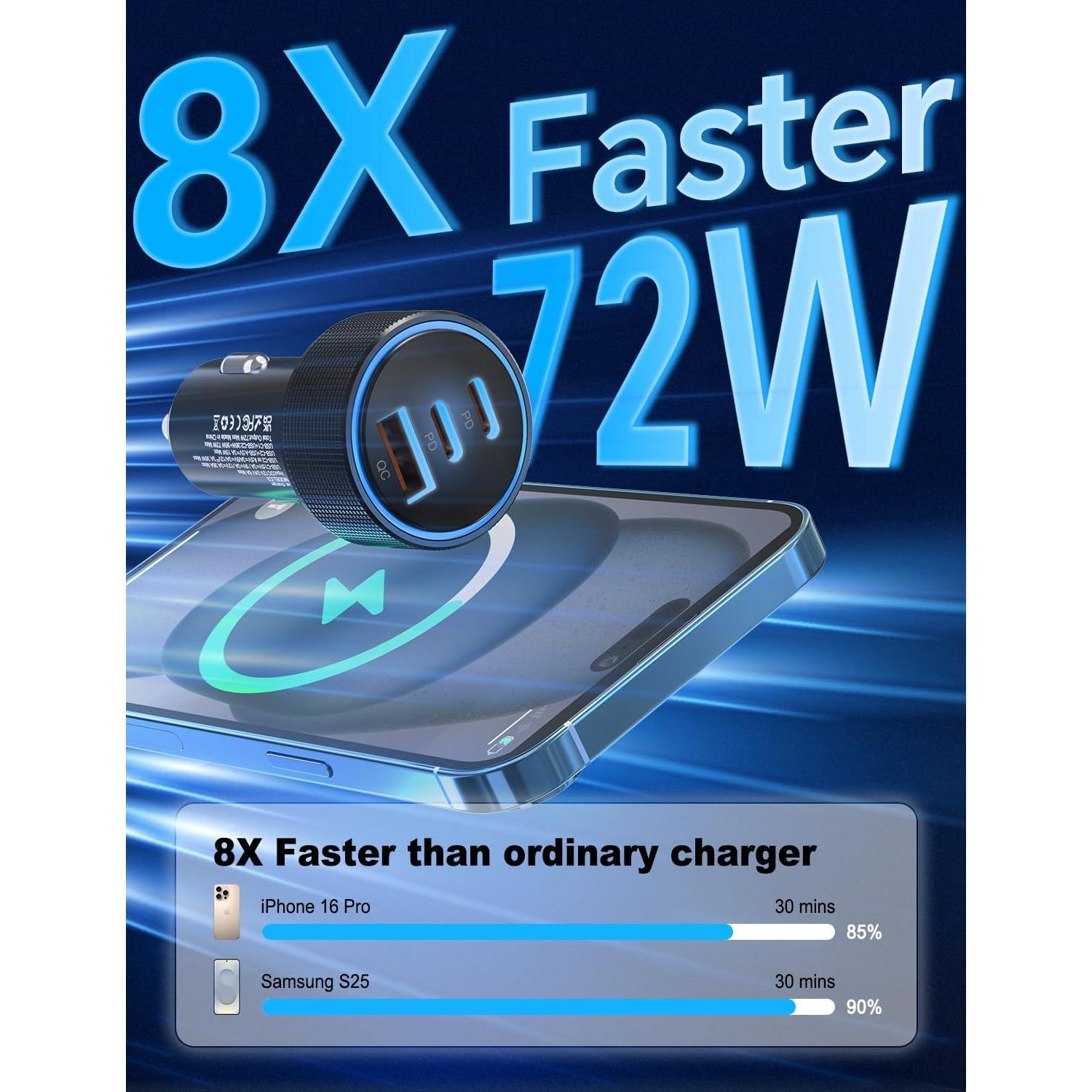 Cargador de Coche SNGOAM 72W USB C 3 Puertos Rápido