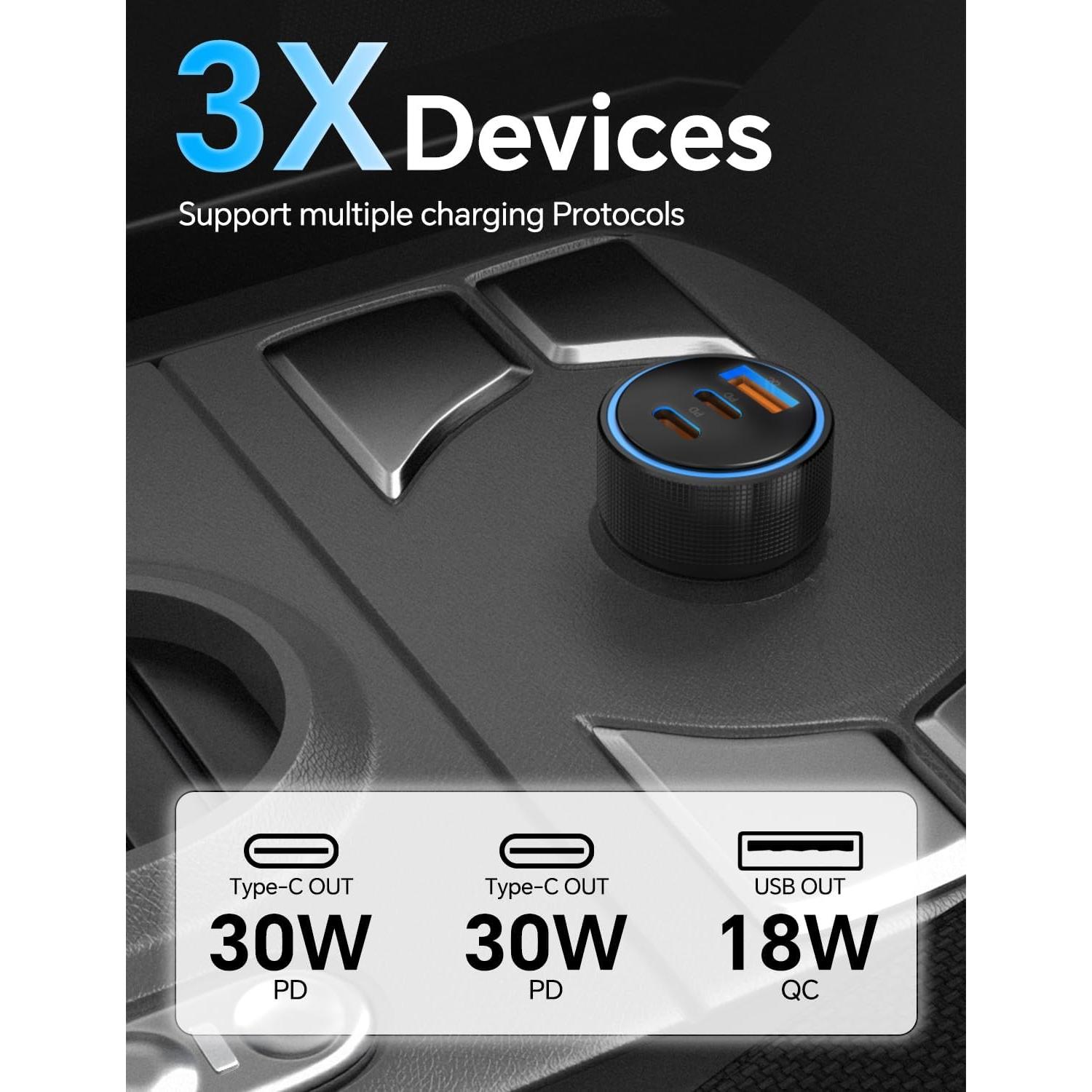 Cargador de Coche SNGOAM 72W USB C 3 Puertos Rápido