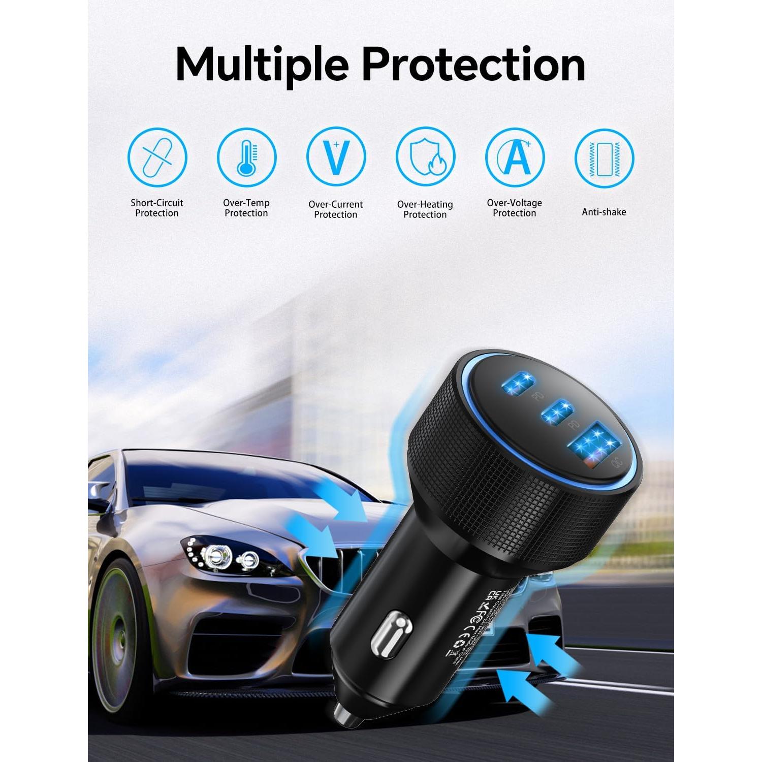 Cargador de Coche SNGOAM 72W USB C 3 Puertos Rápido