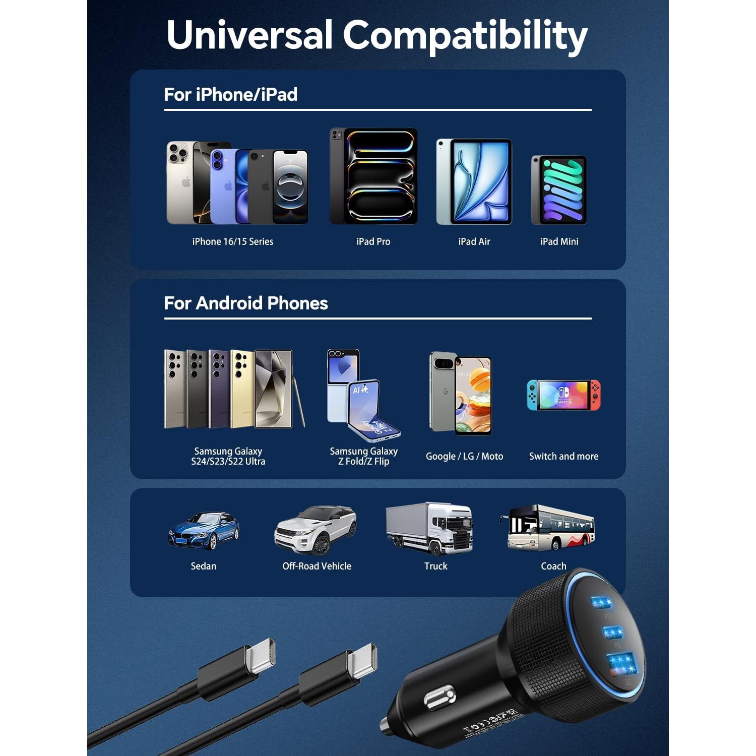 Cargador de Coche SNGOAM 72W USB C 3 Puertos Rápido