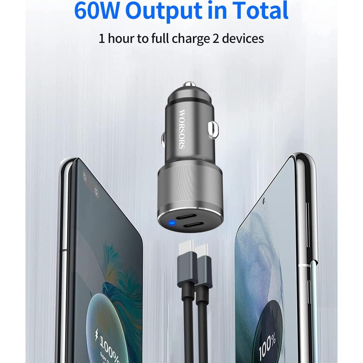 Cargador de Coche USB C Dual 60W WORSORS con 2 Cables 1m
