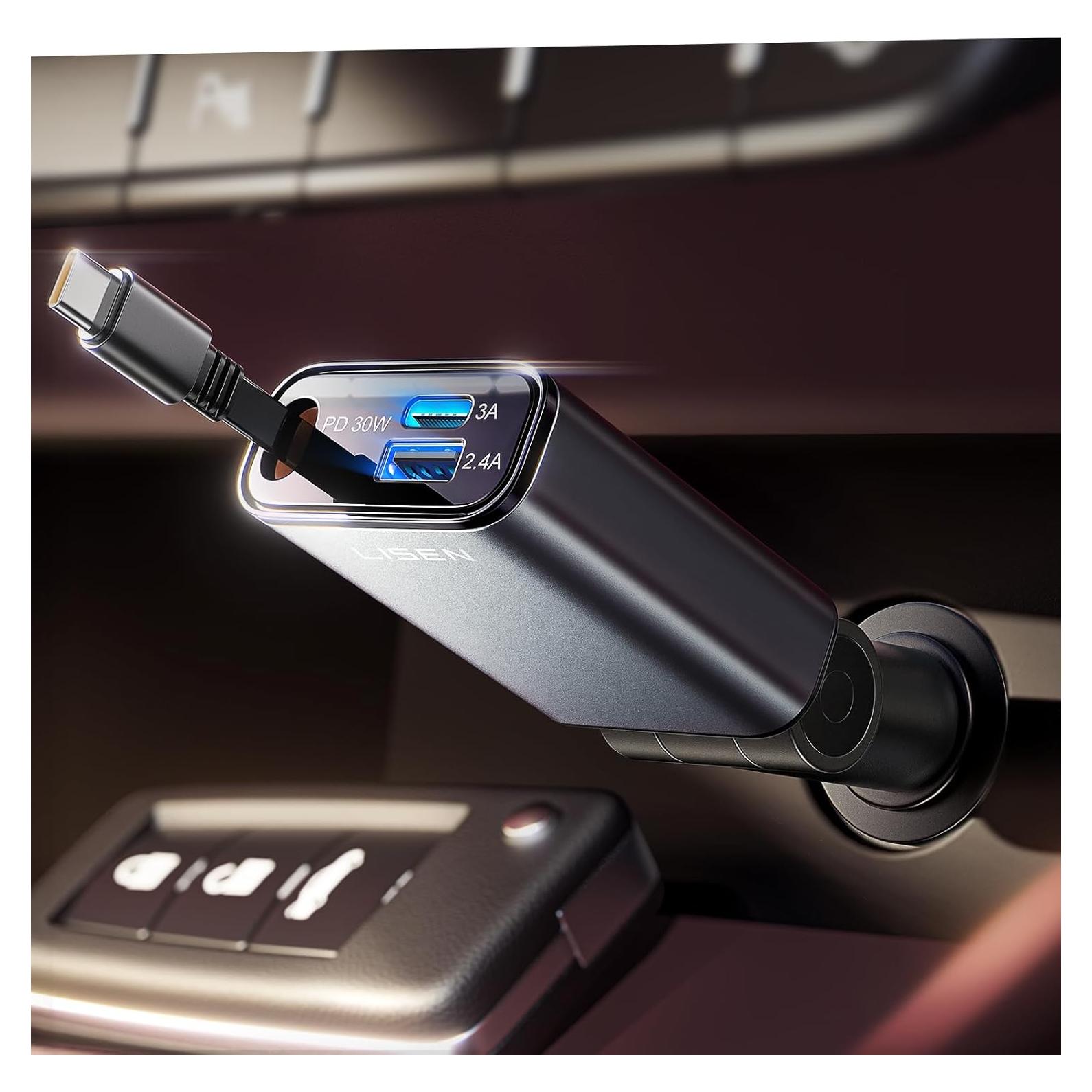 Cargador de Coche LISEN USB C 57W Retráctil para iPhone 16/15