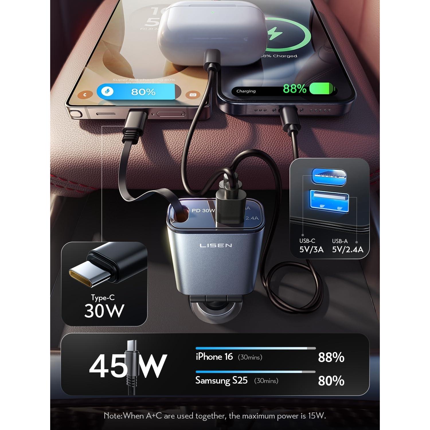 Cargador de Coche LISEN USB C 57W Retráctil para iPhone 16/15