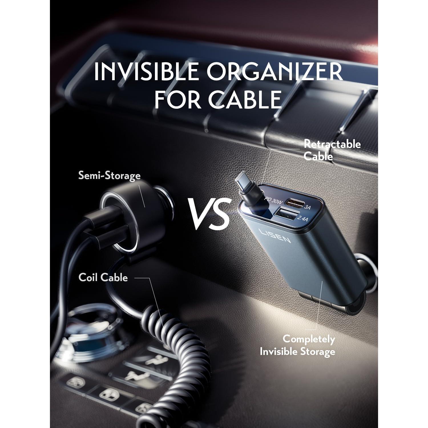 Cargador de Coche LISEN USB C 57W Retráctil para iPhone 16/15