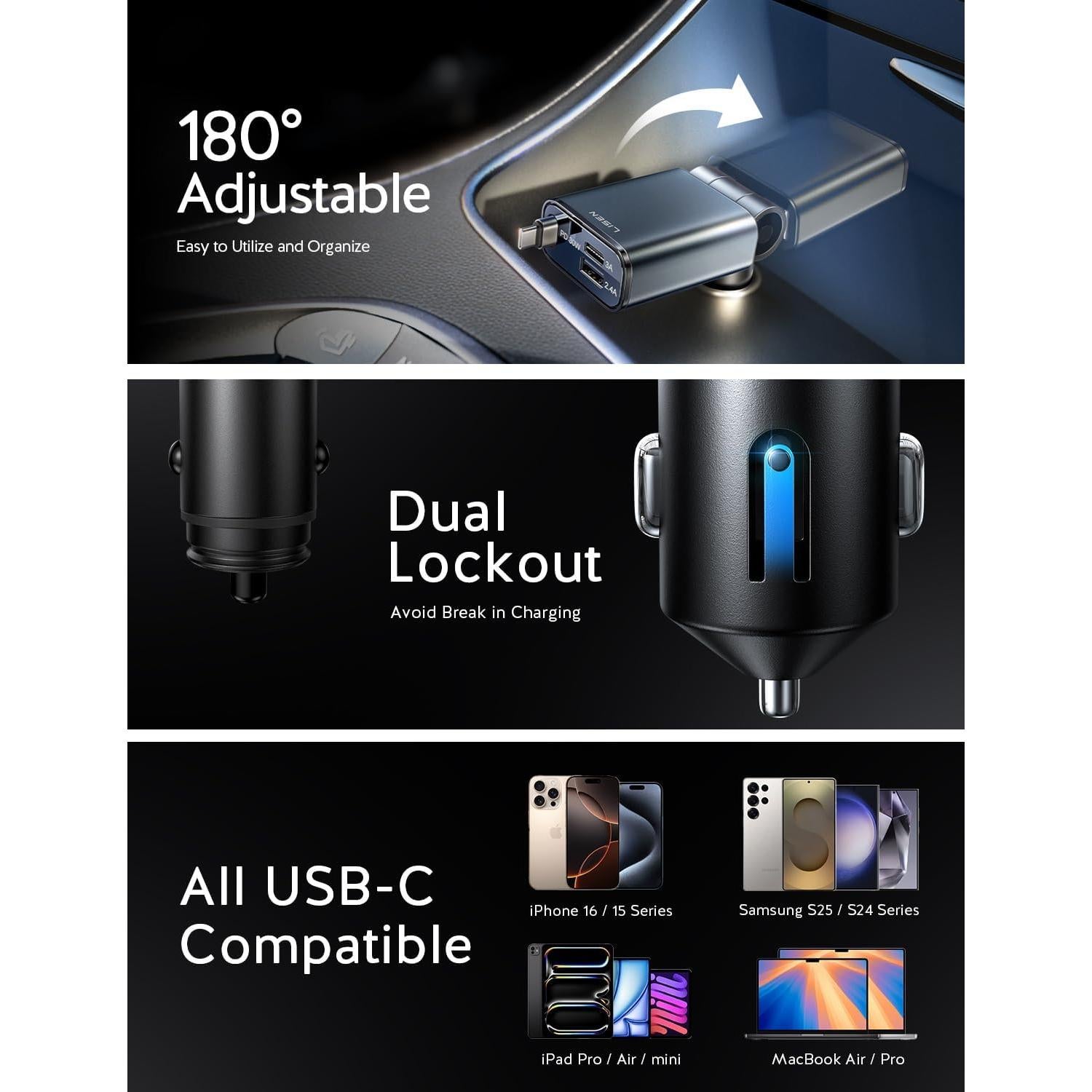 Cargador de Coche LISEN USB C 57W Retráctil para iPhone 16/15