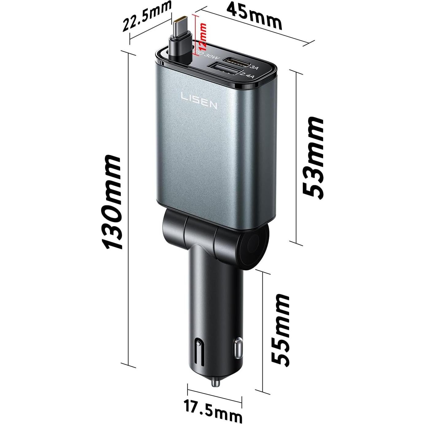 Cargador de Coche LISEN USB C 57W Retráctil para iPhone 16/15