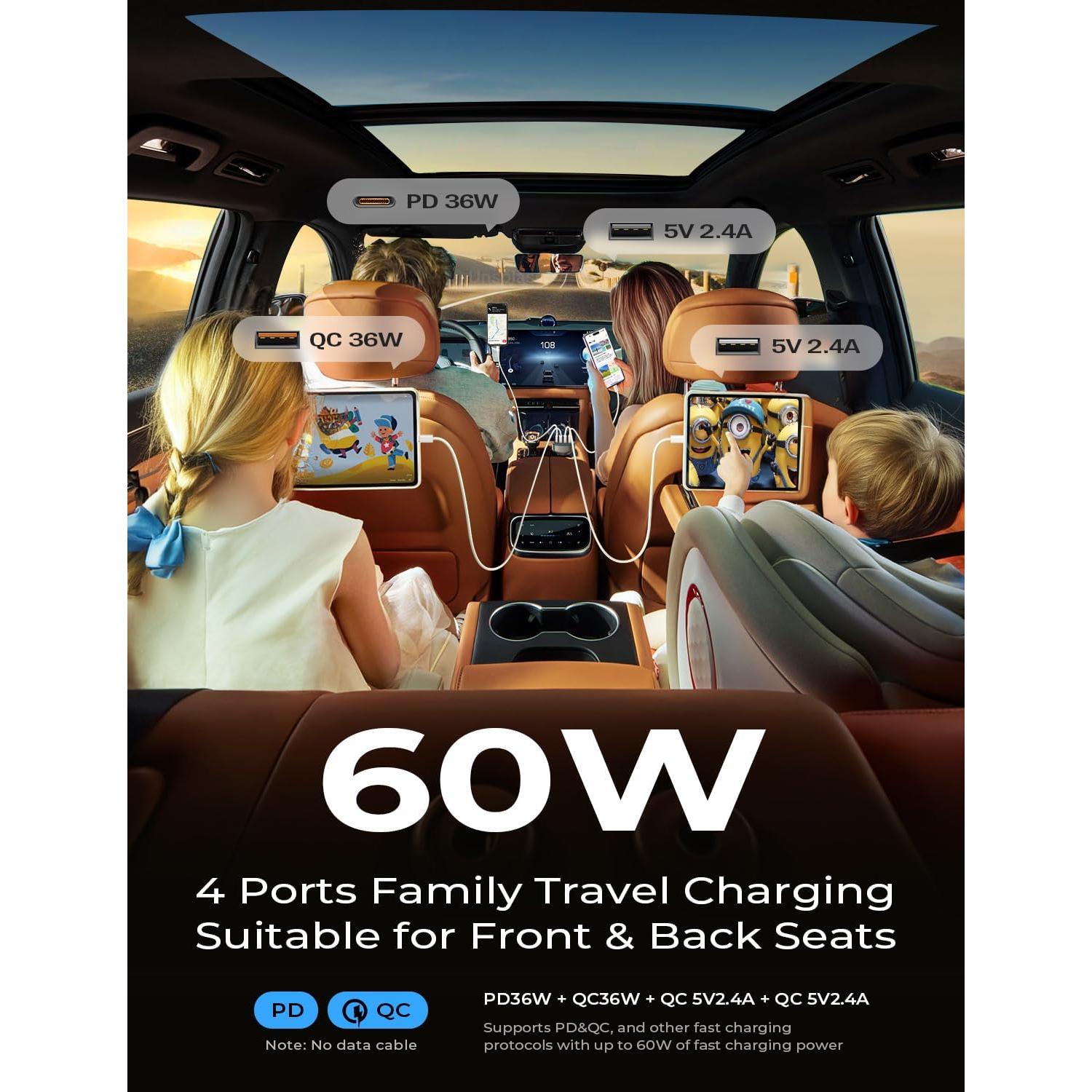 Cargador de Coche USB C LISEN 60W 4 Puertos Carga Rápida