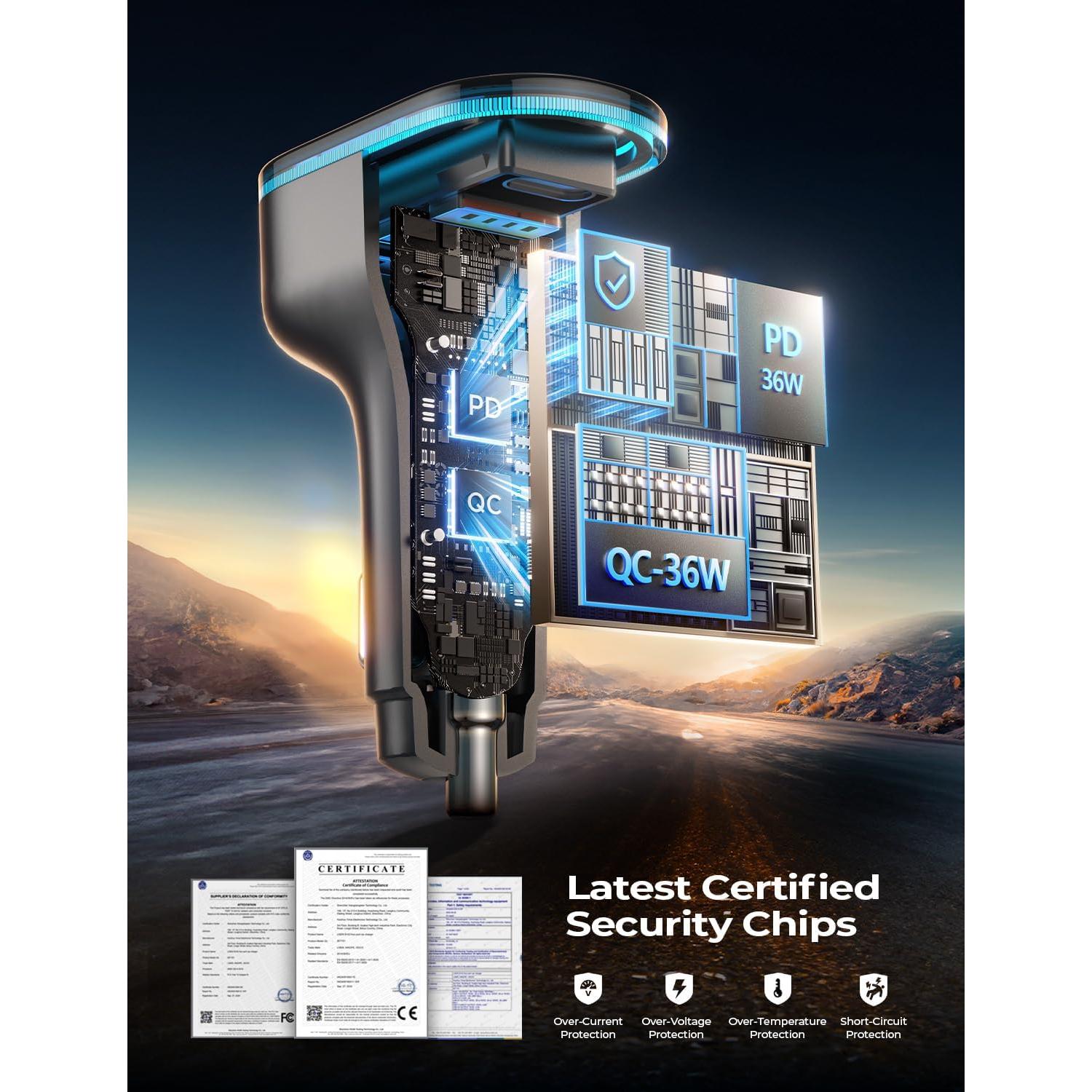 Cargador de Coche USB C LISEN 60W 4 Puertos Carga Rápida