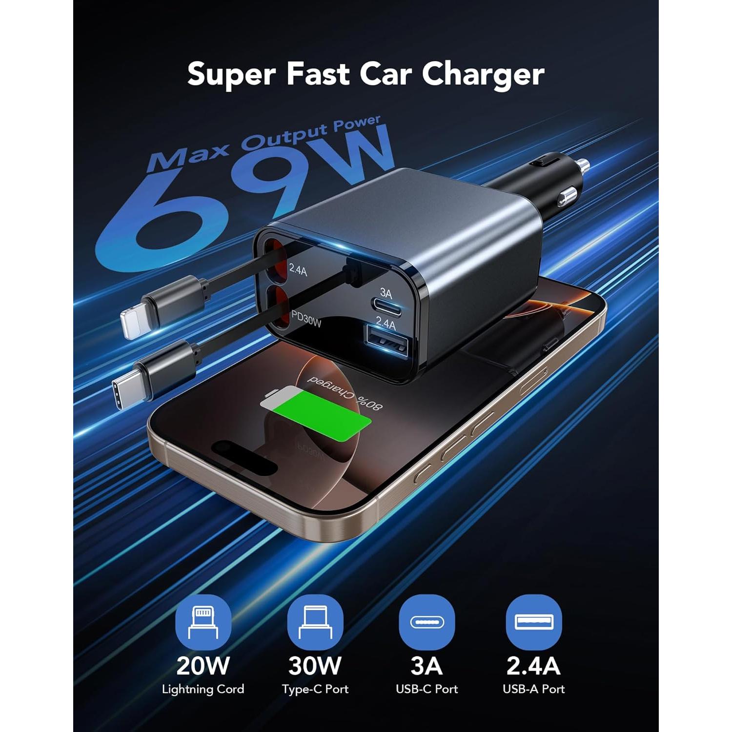 Cargador de coche retráctil 69W CSODINCE 4 en 1 USB C/A