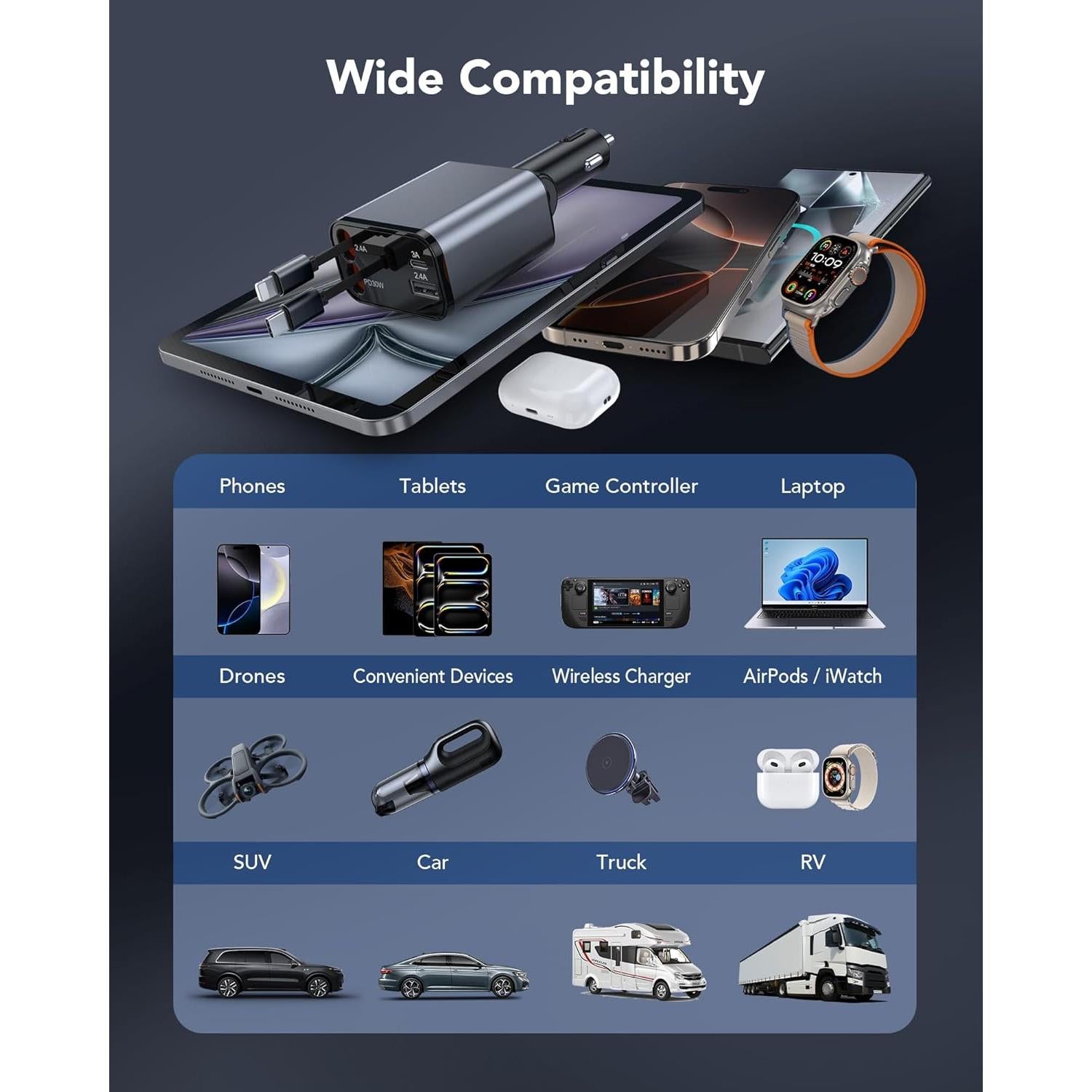 Cargador de coche retráctil 69W CSODINCE 4 en 1 USB C/A