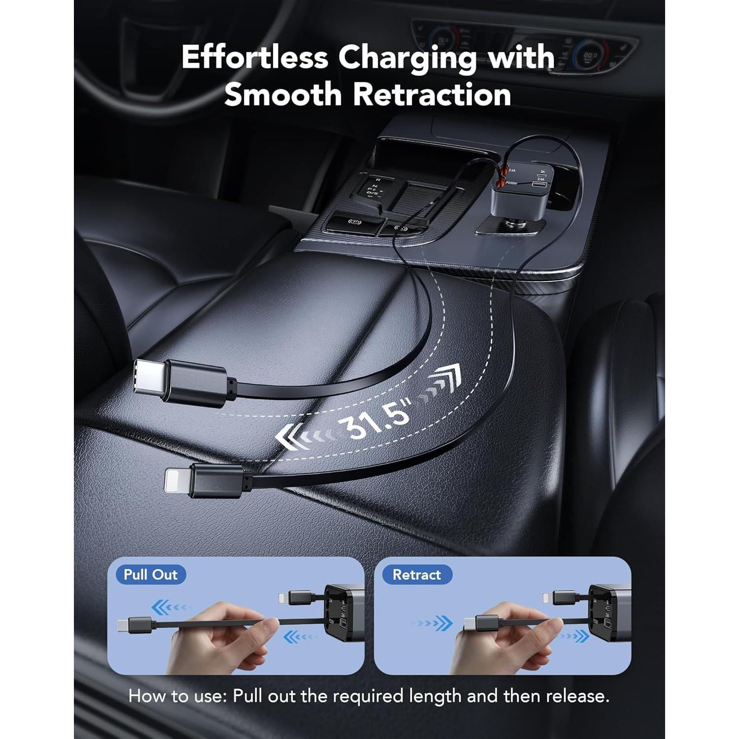 Cargador de coche retráctil 69W CSODINCE 4 en 1 USB C/A
