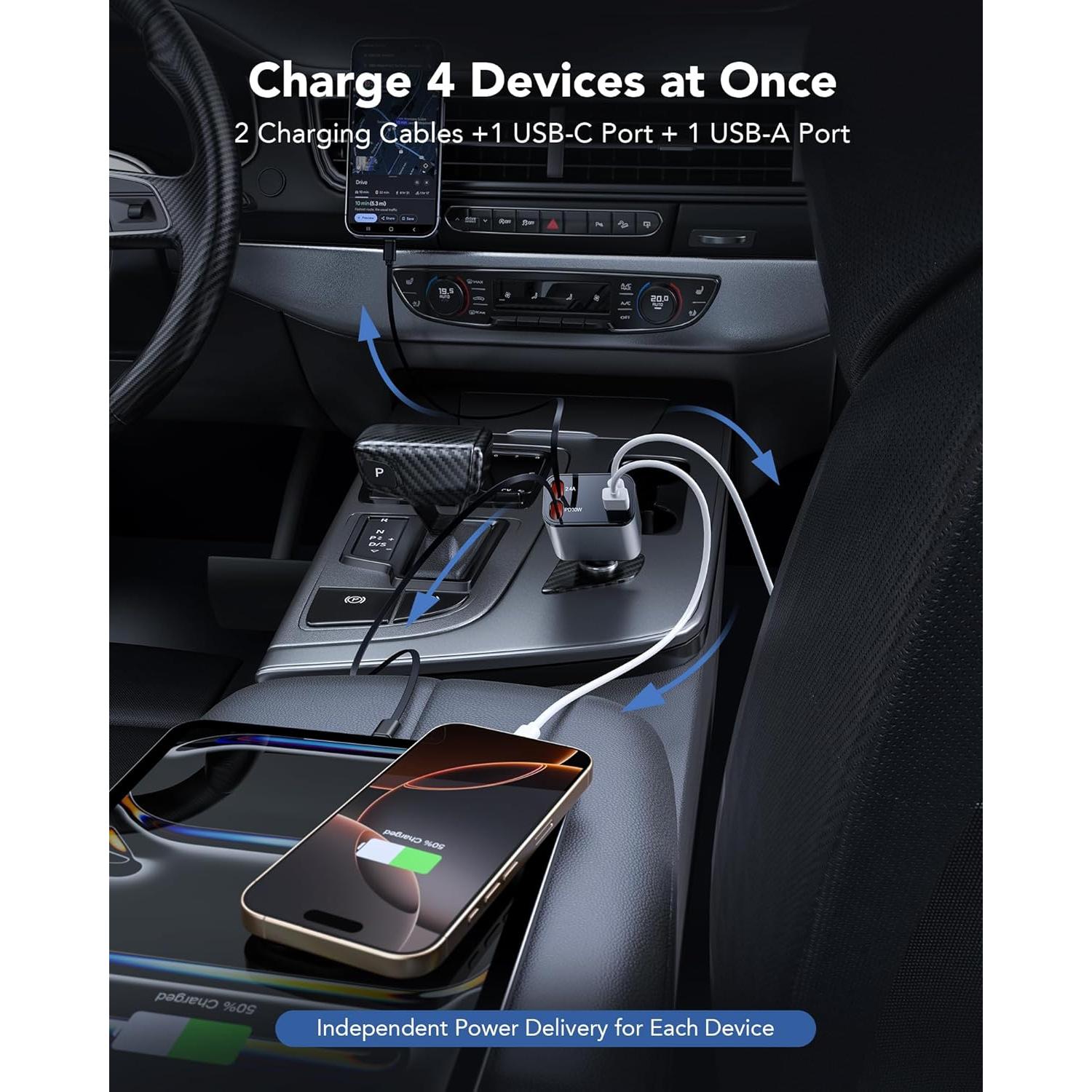 Cargador de coche retráctil 69W CSODINCE 4 en 1 USB C/A