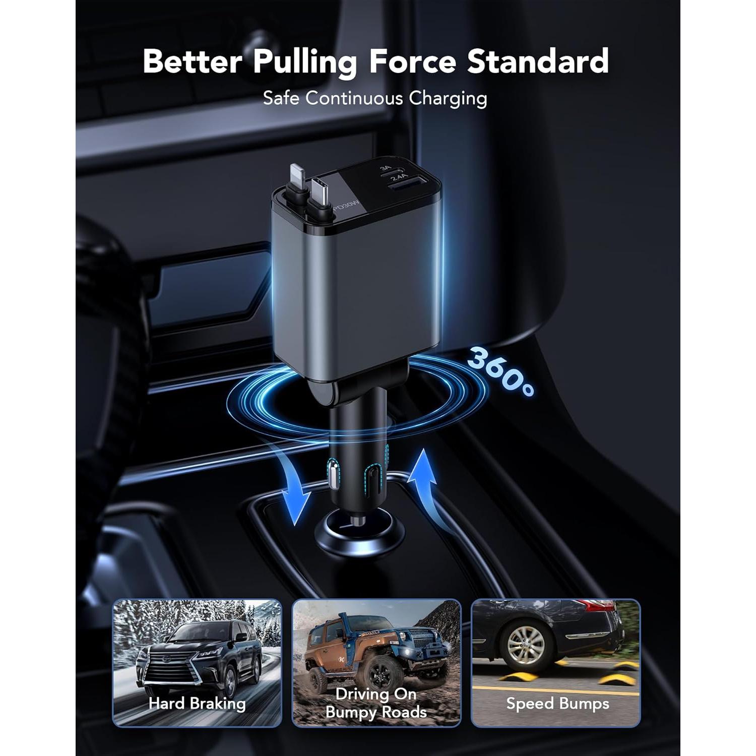 Cargador de coche retráctil 69W CSODINCE 4 en 1 USB C/A