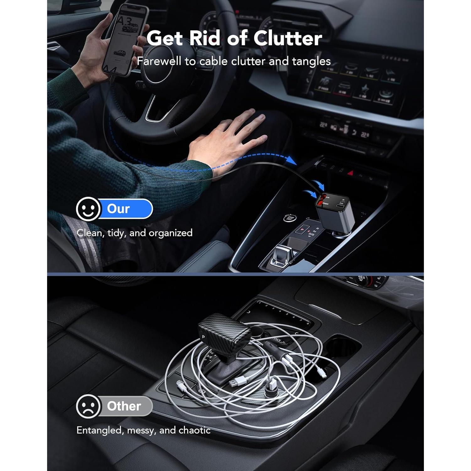 Cargador de coche retráctil 69W CSODINCE 4 en 1 USB C/A