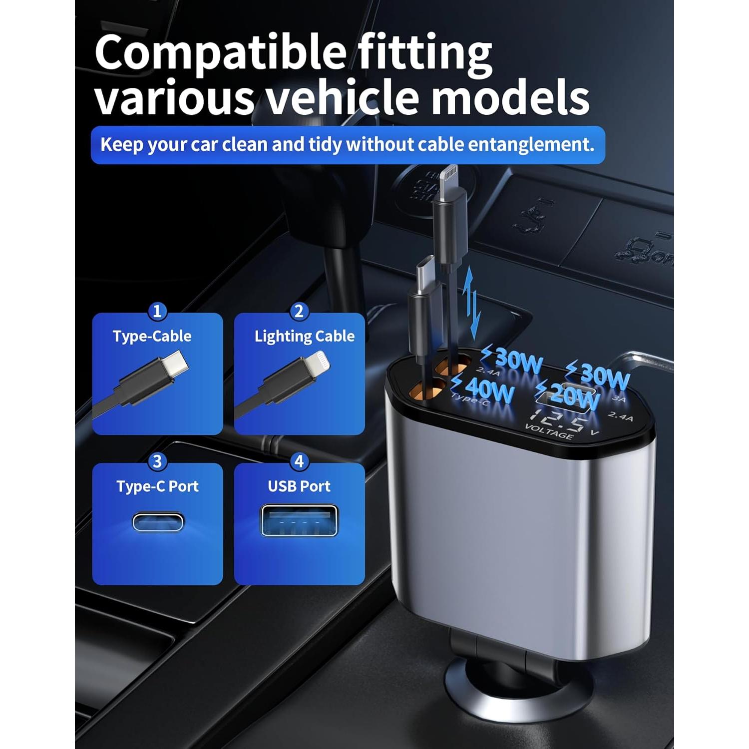 Cargador de Coche 4 en 1 USB-C y USB-A Henan C1 Rápido