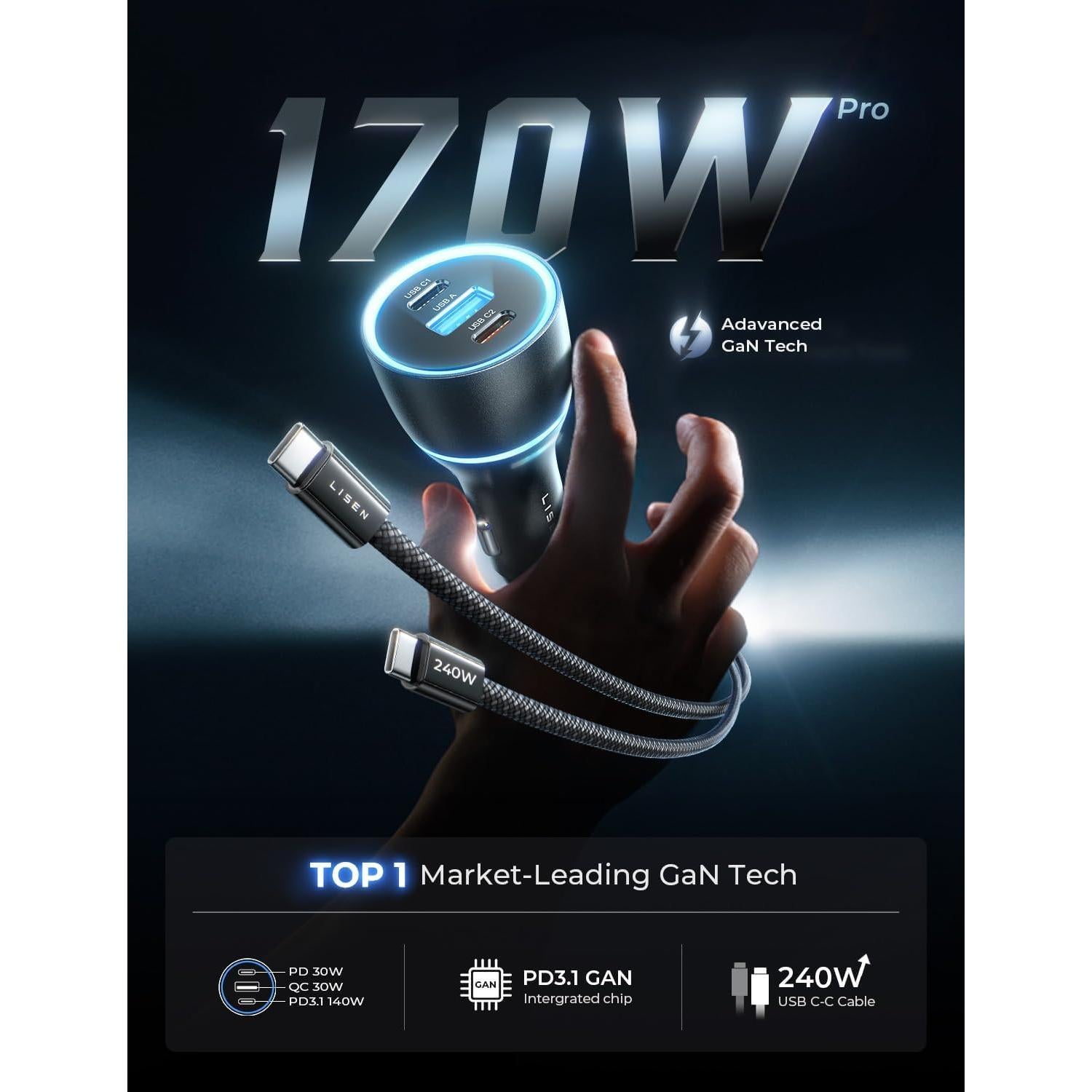 Cargador de coche LISEN 170W USB-C carga rápida para iPhone 16