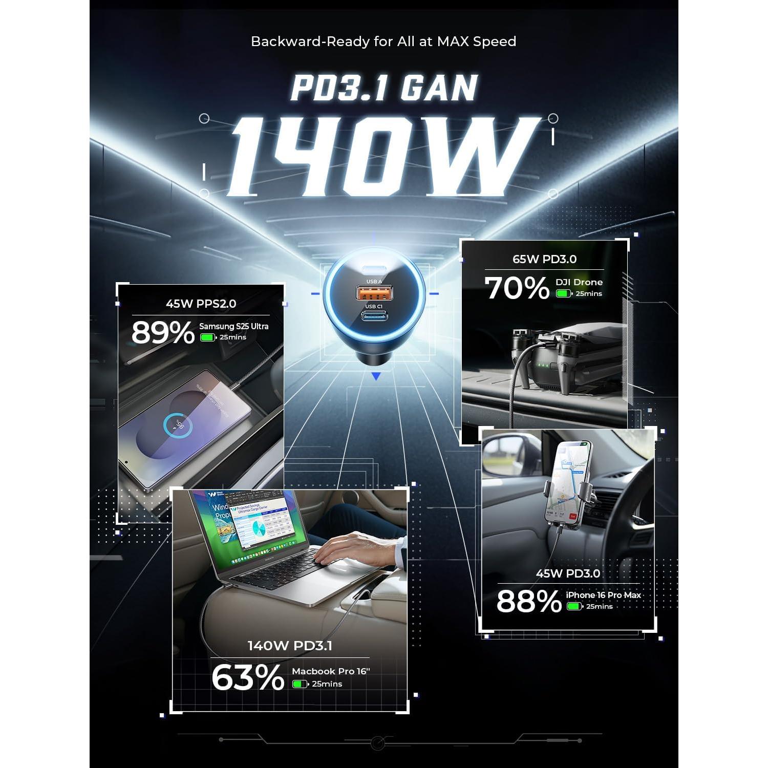 Cargador de coche LISEN 170W USB-C carga rápida para iPhone 16