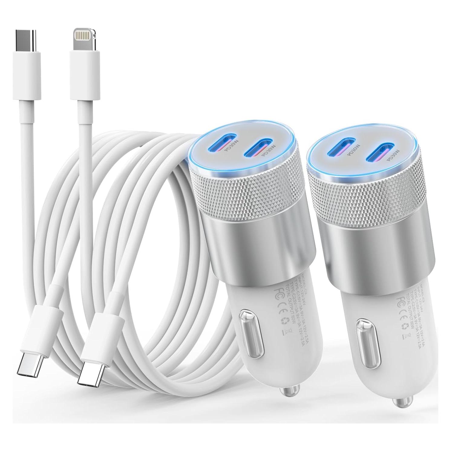 Cargador de coche SNGOAM 60W USB-C rápido con cables para iPhone