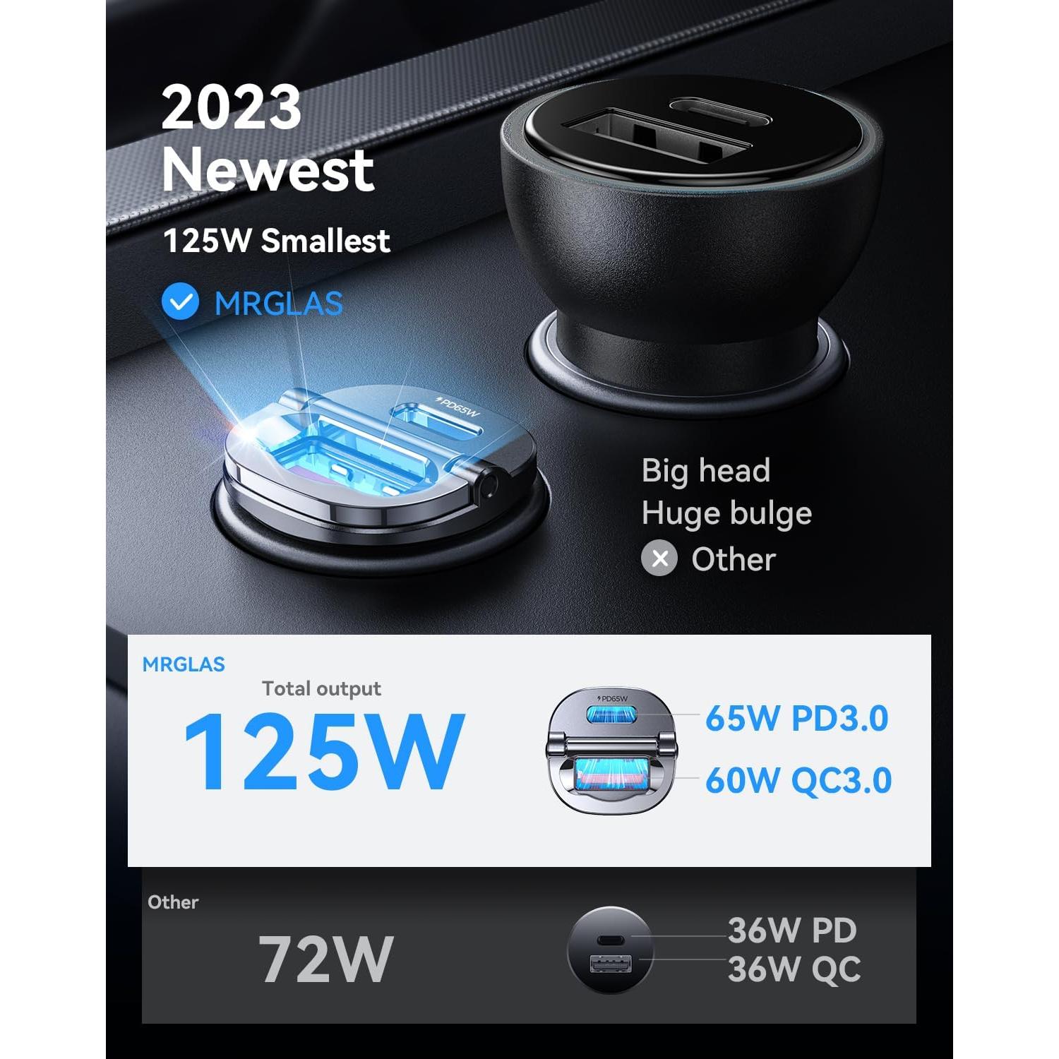 Cargador de Coche USB C MRGLAS 125W PD65W QC60W Doble Puerto