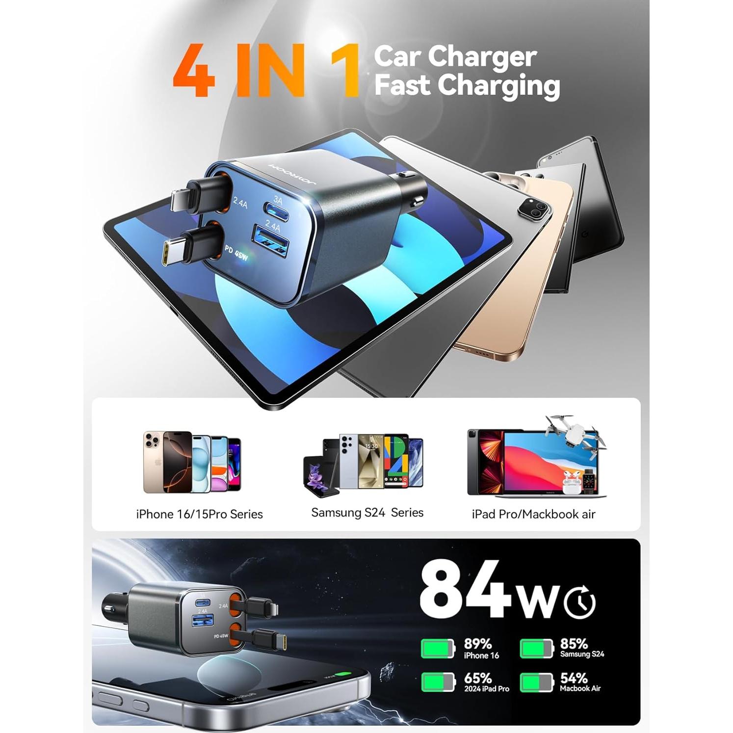 Cargador de Coche Retráctil JOYROOM 84W USB-C iPhone 16