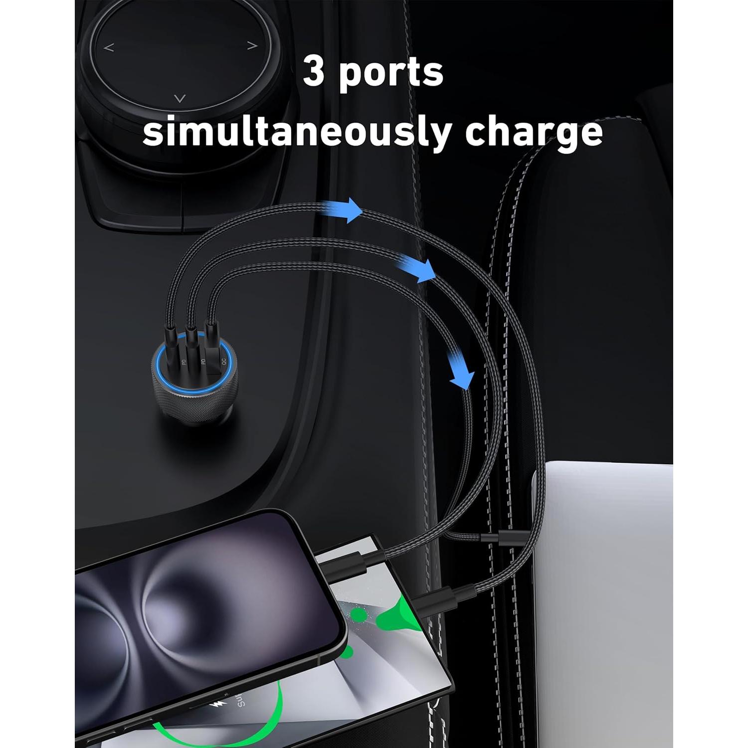 Cargador de Coche USB C 67W 3 Puertos Rápido Heyuan