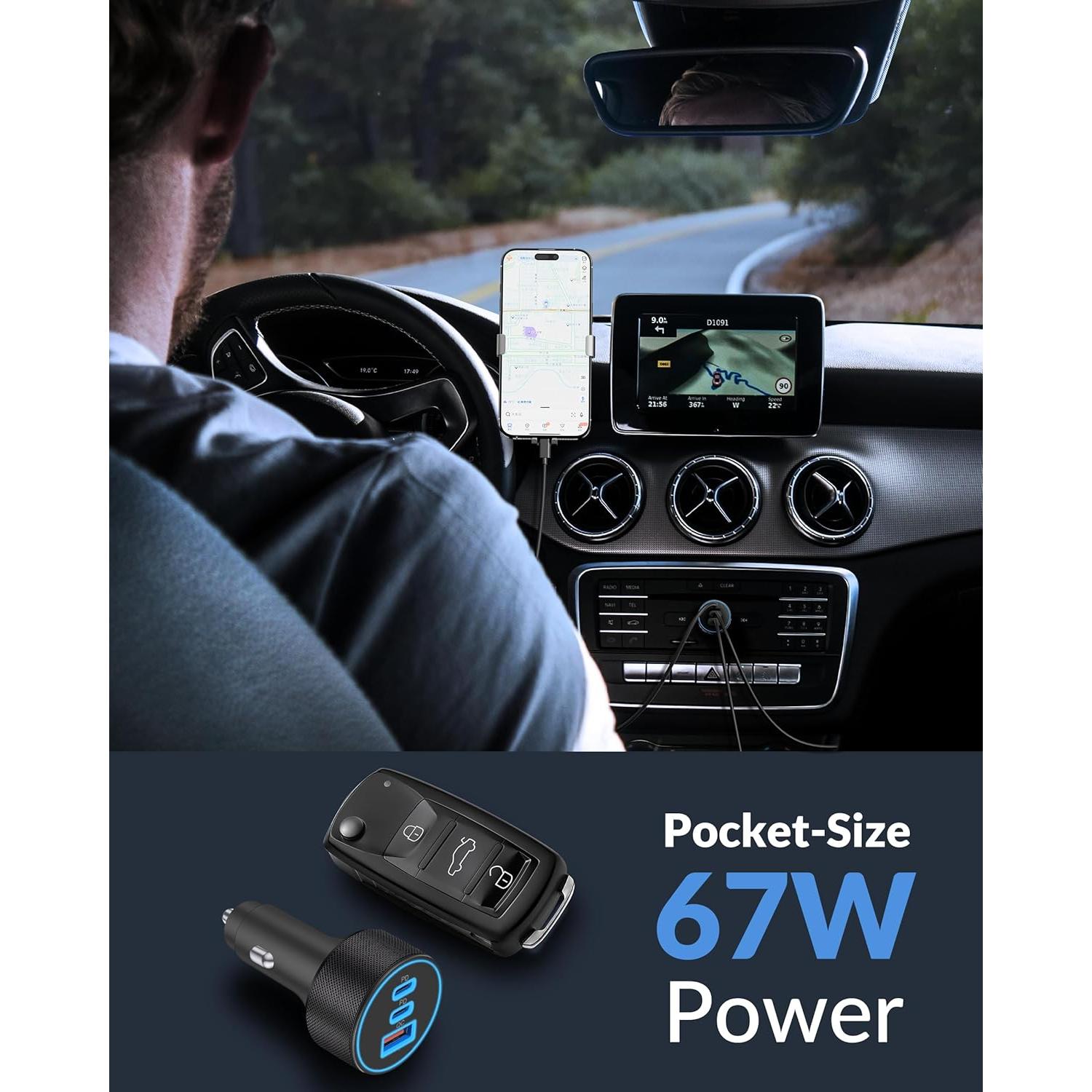 Cargador de Coche USB C 67W 3 Puertos Rápido Heyuan