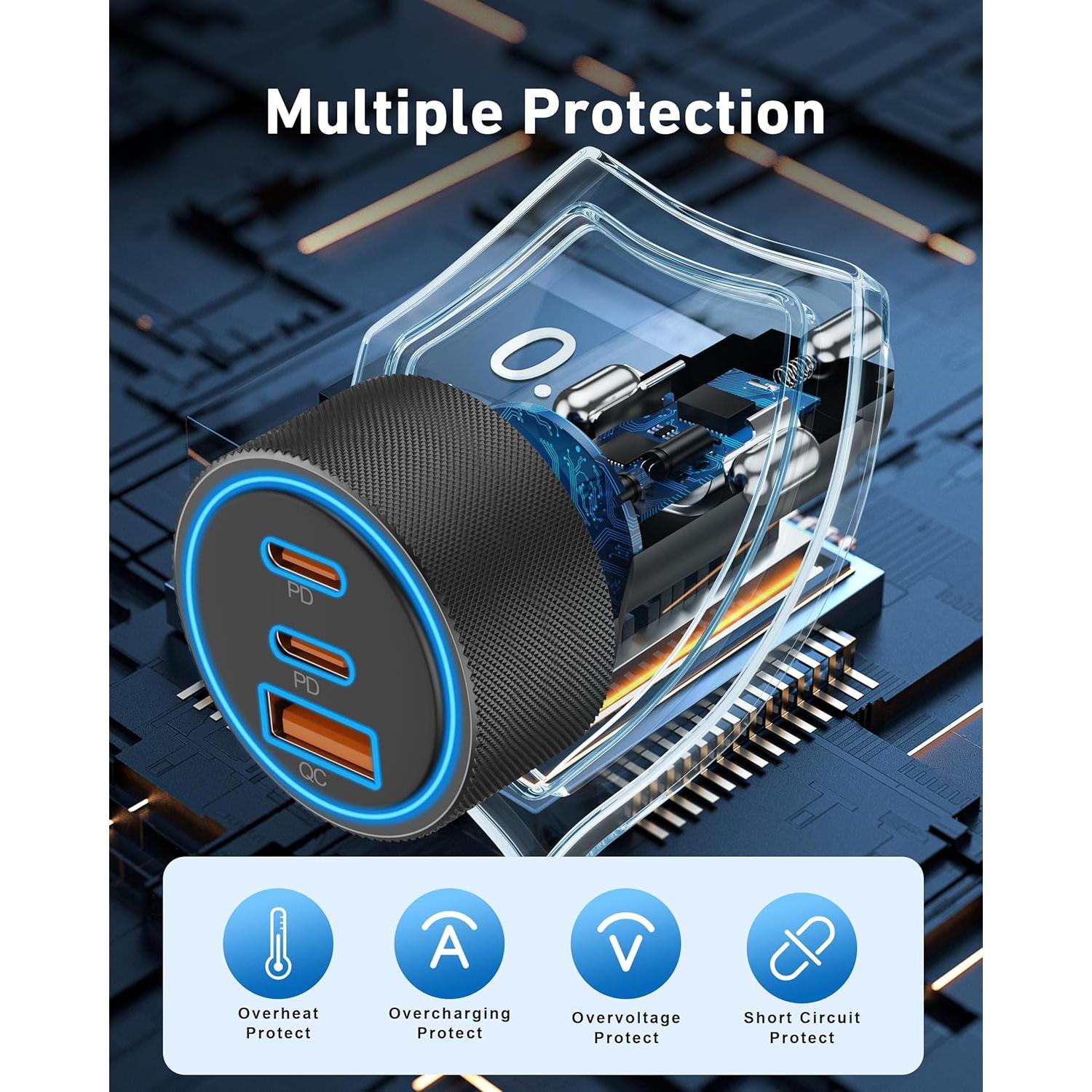 Cargador de Coche USB C 67W 3 Puertos Rápido Heyuan