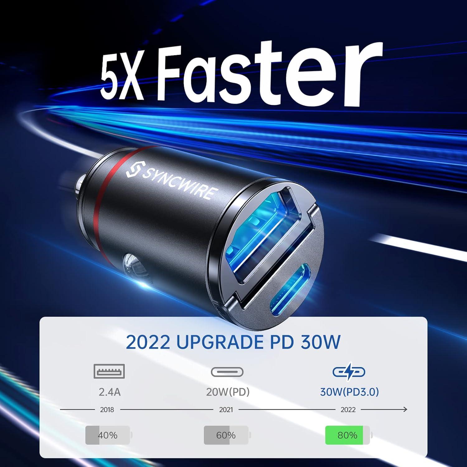 Cargador de Coche USB C Syncwire 60W Carga Rápida 30W PD QC