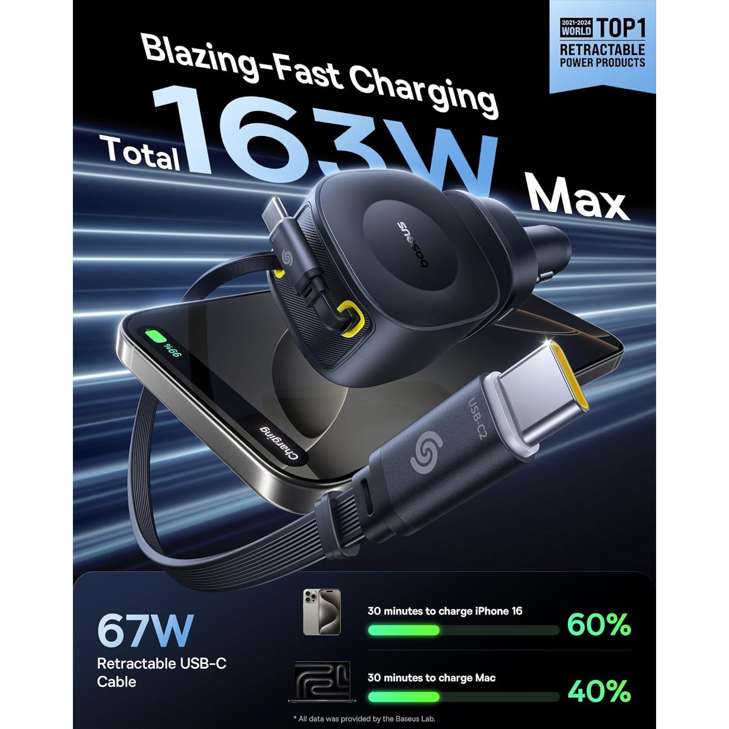 Cargador de Coche Baseus 163W Retráctil USB-C Carga Rápida