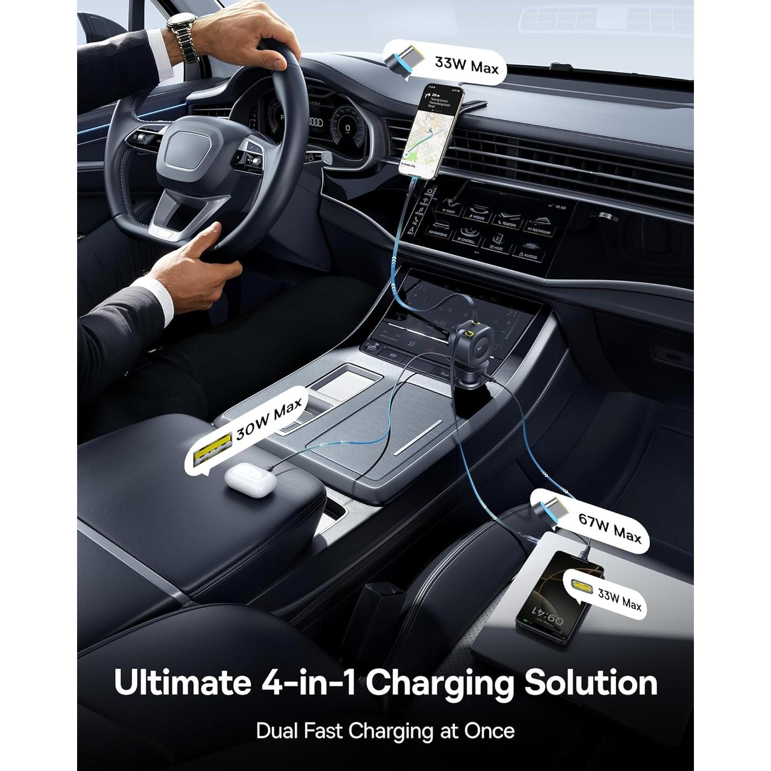 Cargador de Coche Baseus 163W Retráctil USB-C Carga Rápida